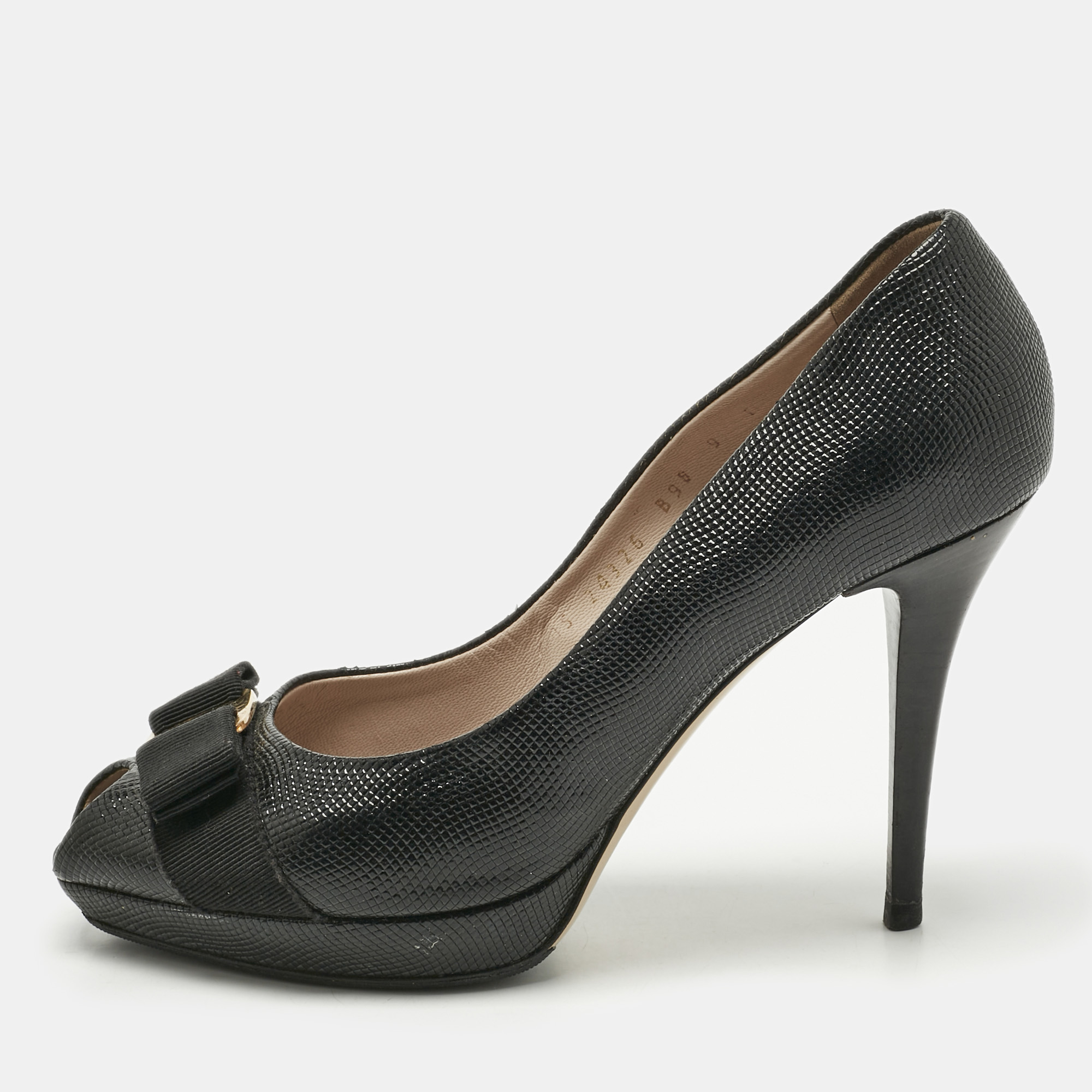 Pre-owned Ferragamo Black Lizard Embossed Leather Peep Toe Pumps Size 39.5