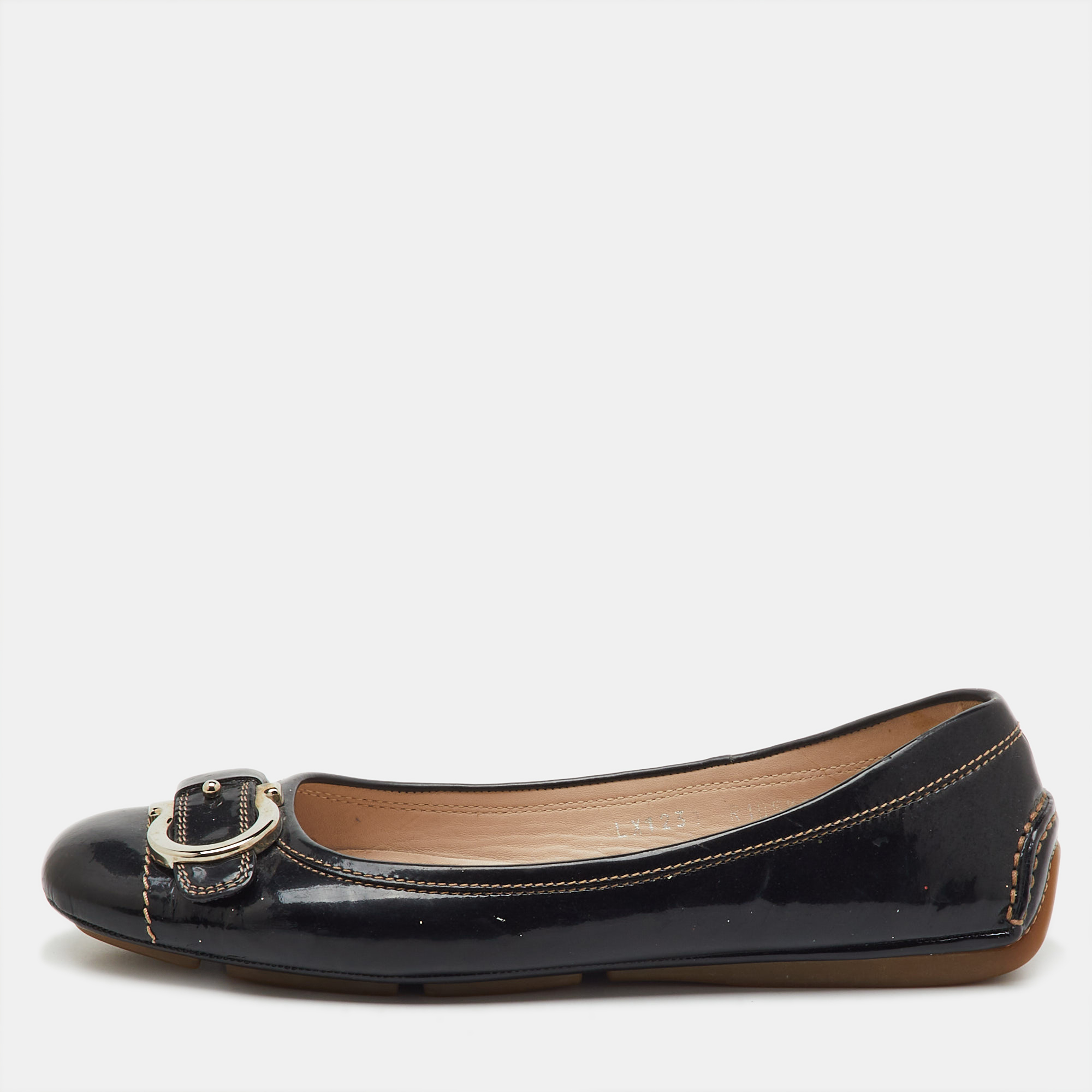 Salvatore Ferragamo Black Patent Leather Gancio Ballet Flats Size 38.5