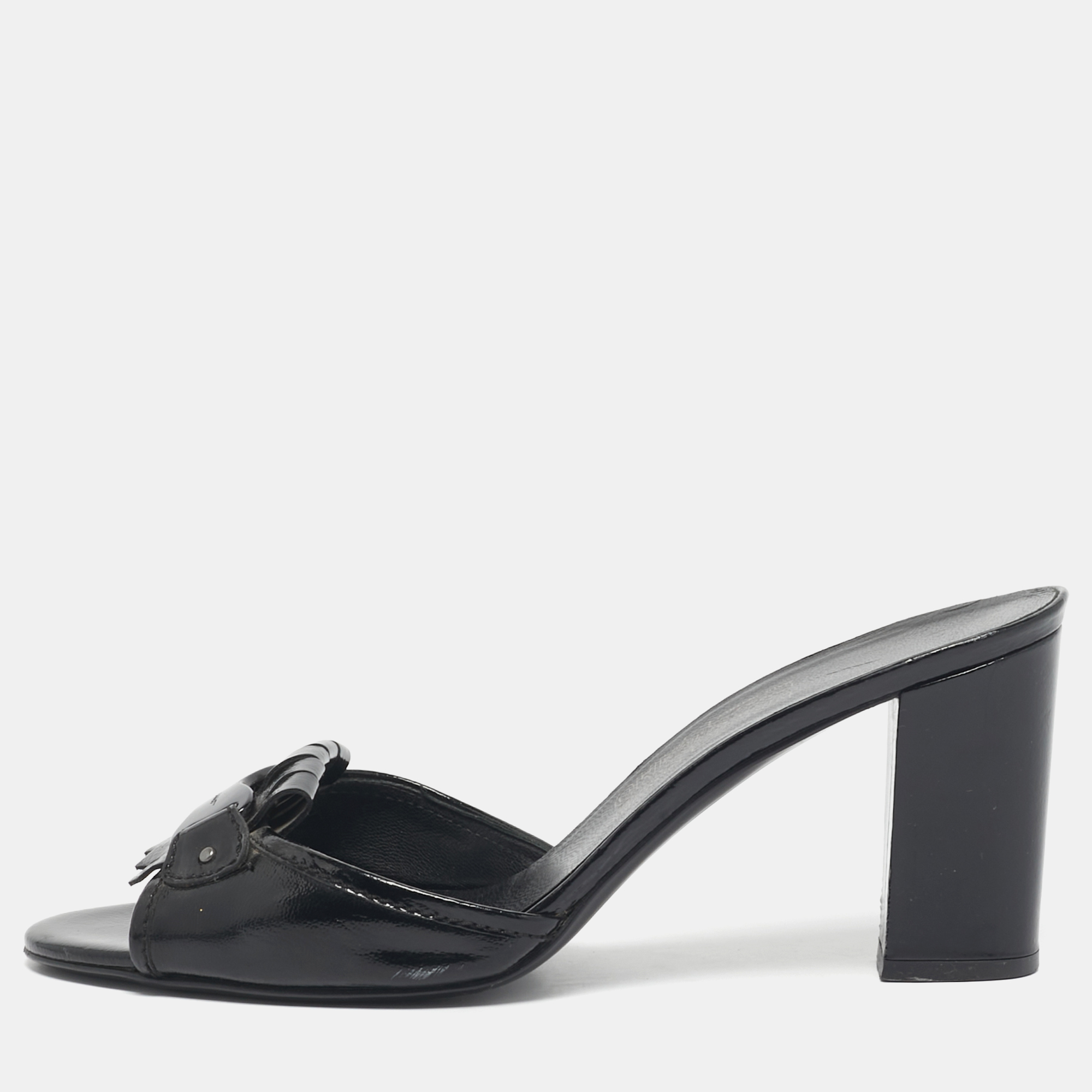 Pre-owned Ferragamo Black Patent Leather Fringe Bow Slide Sandals Size 41