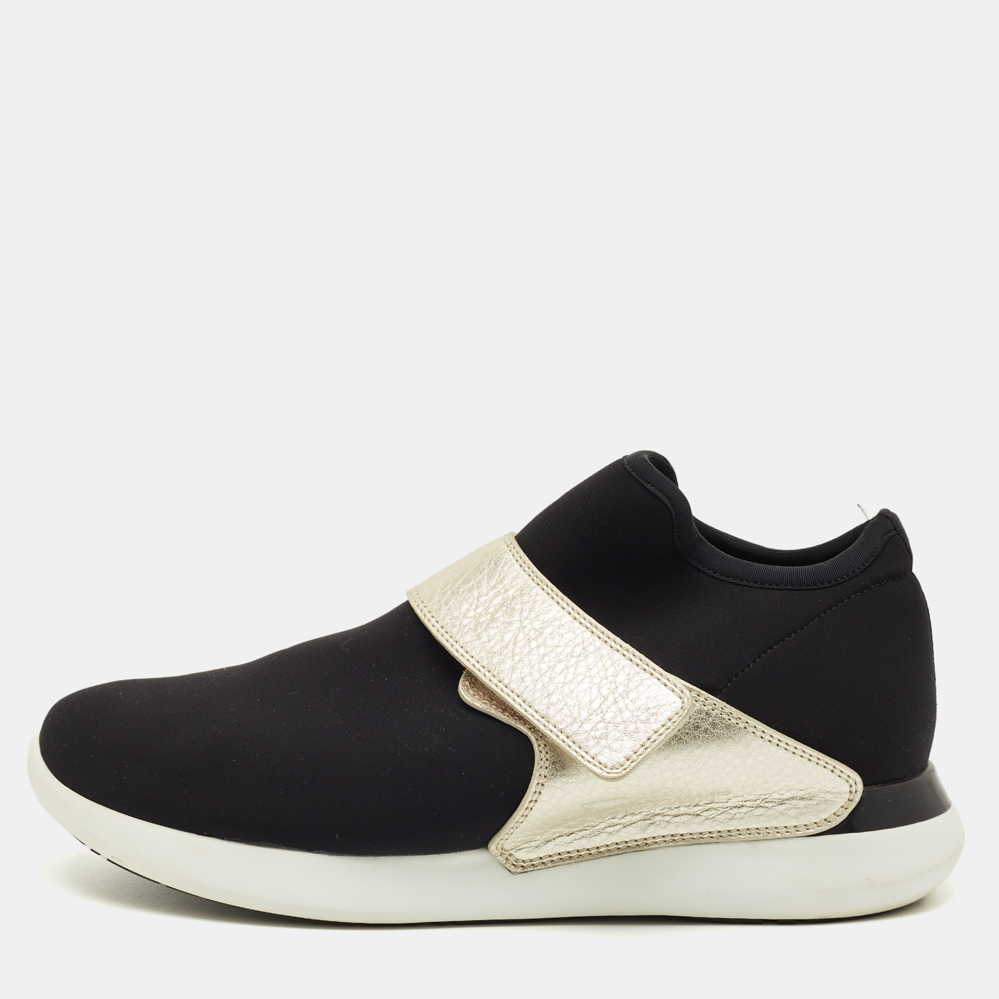 

Salvatore Ferragamo Black/Gold Stretch Fabric and Leather Slip On Sneakers Size 41
