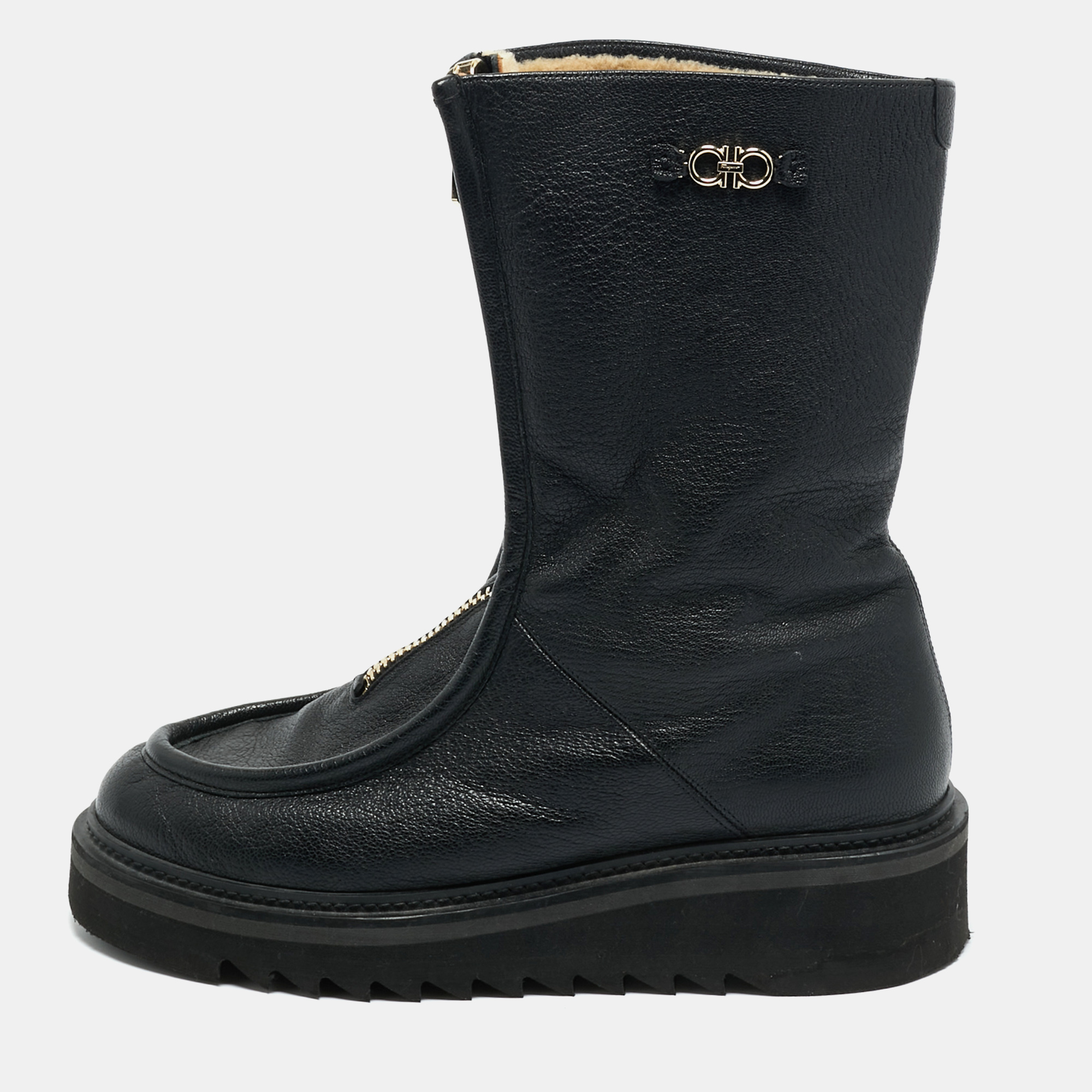 Pre-owned Ferragamo Black Leather Eurialo Mid Calf Boots Size 39.5