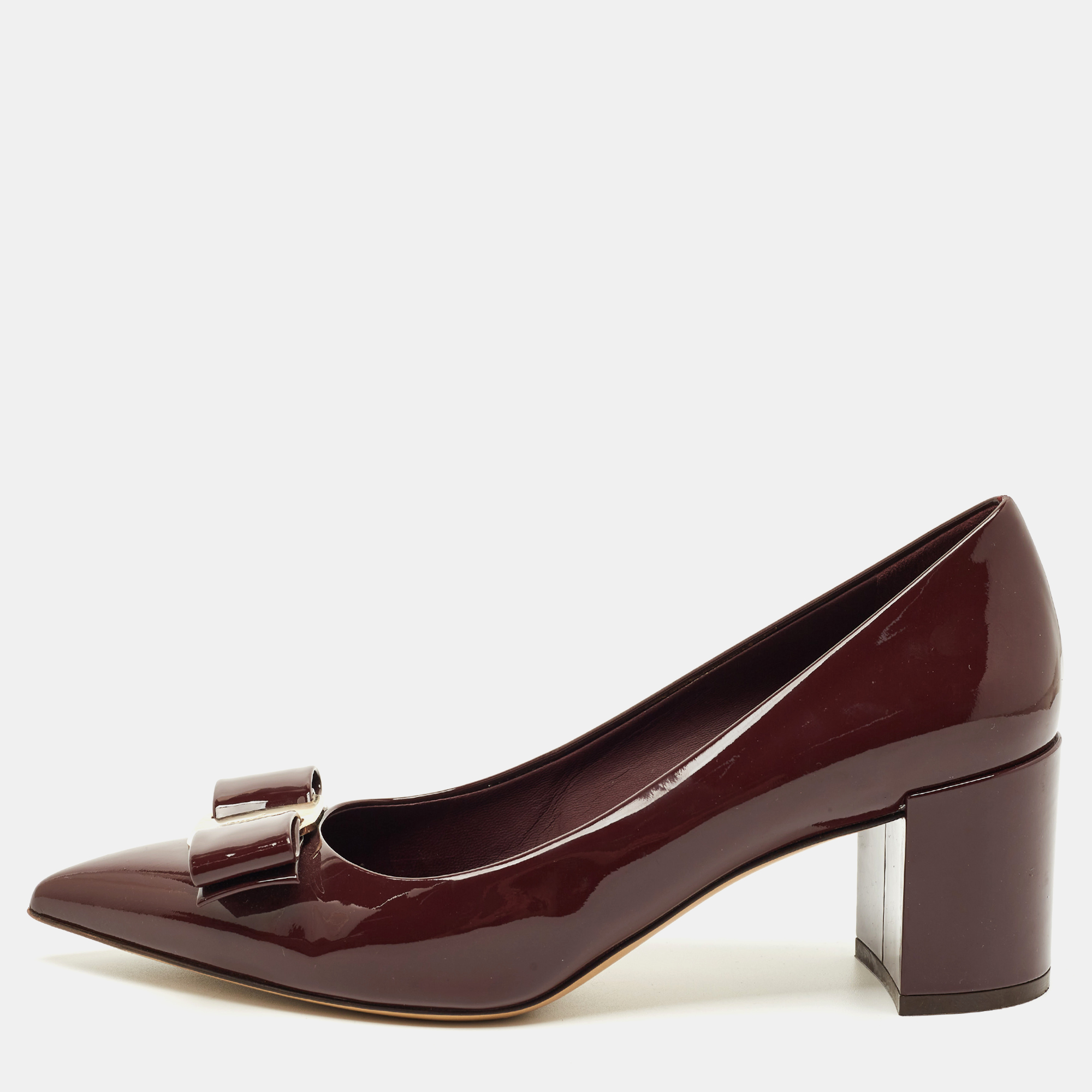 Pre-owned Ferragamo Burgundy Patent Leather Vara Bow Block Heel Pumps Size 39.5