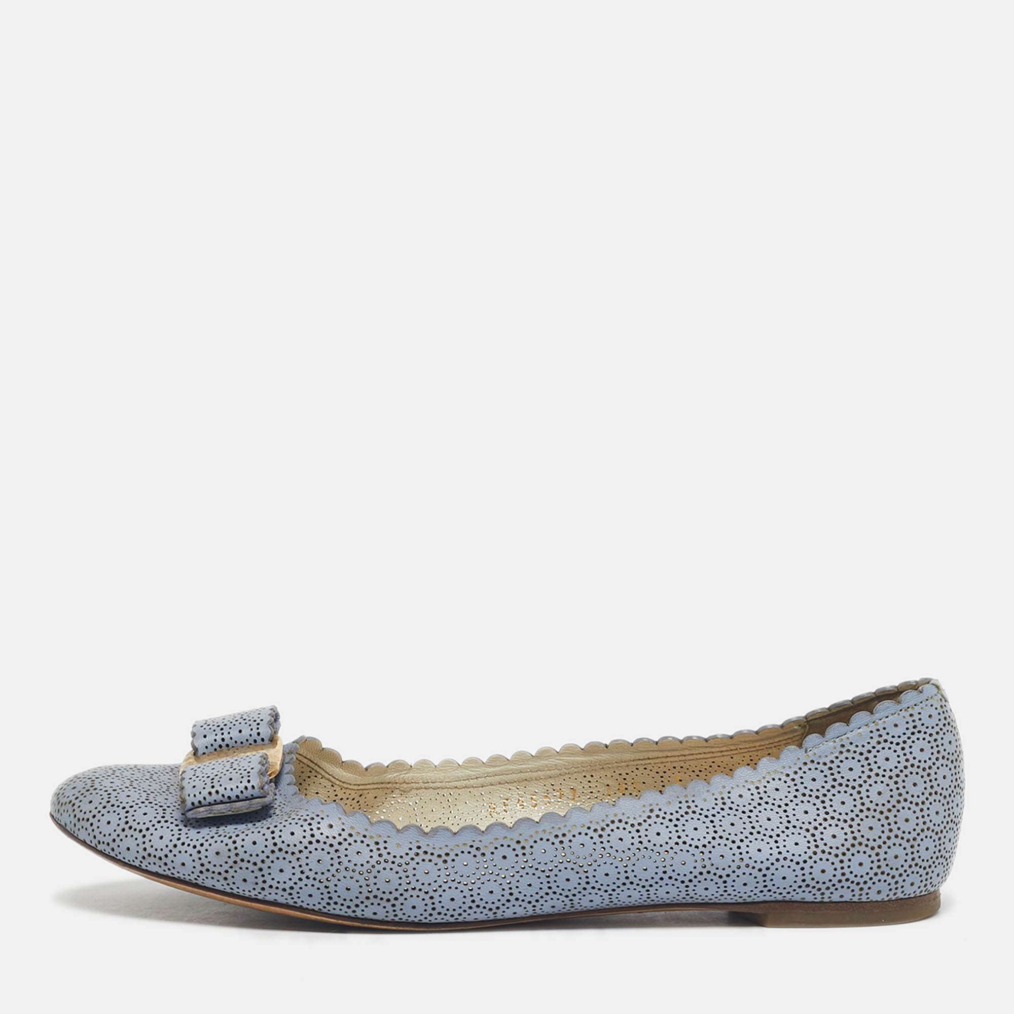 Pre-owned Ferragamo Light Blue Laser Cut Leather Varina Ballet Flats Size 37.5