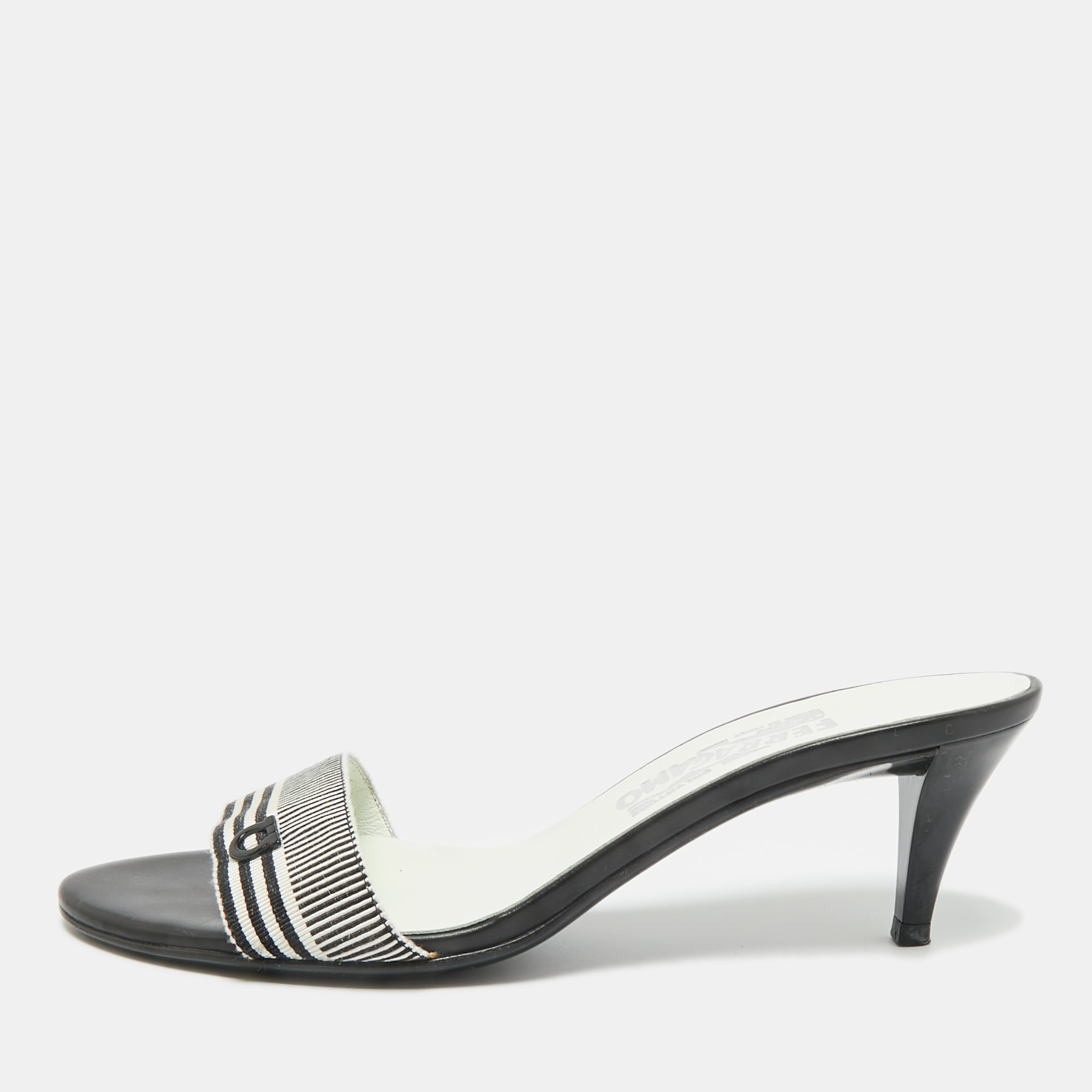 Pre-owned Ferragamo Black/white Canvas Slide Sandals Size 37