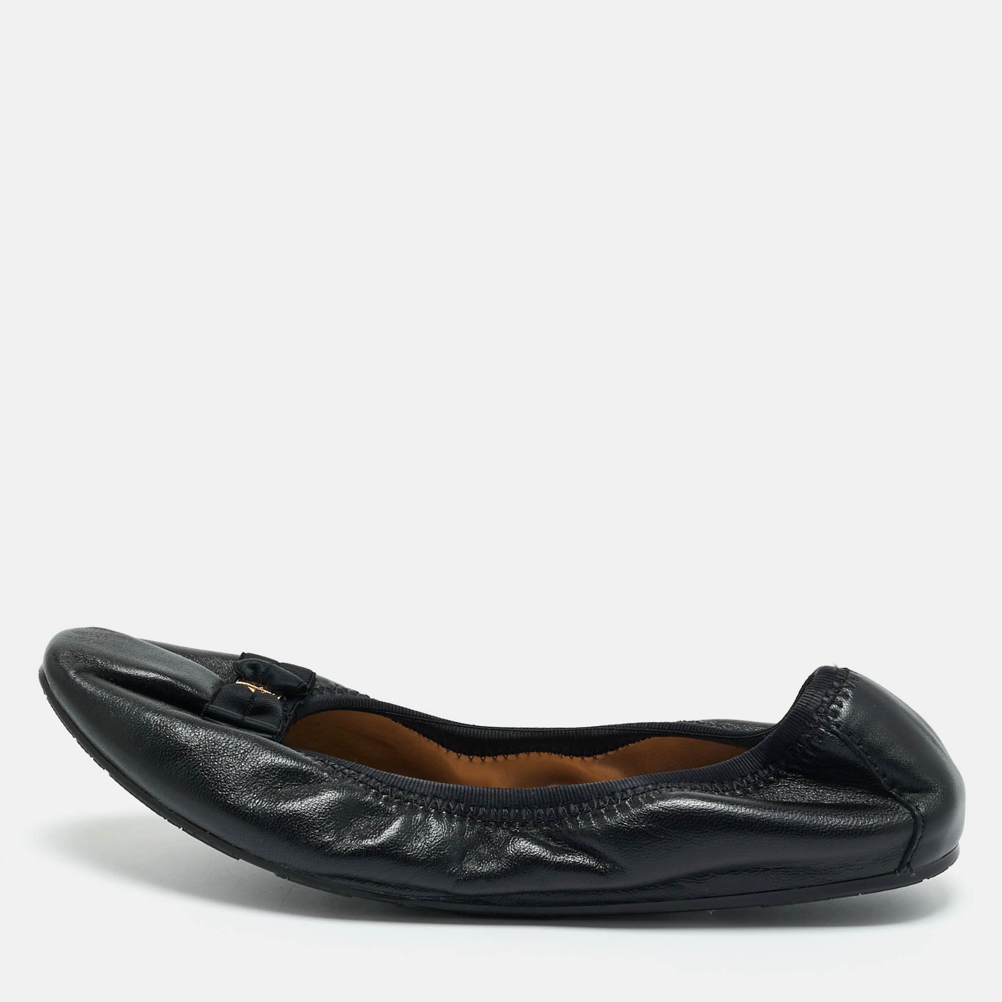 Salvatore Ferragamo Black Leather My Joy Scrunch Ballet Flats Size 36.5