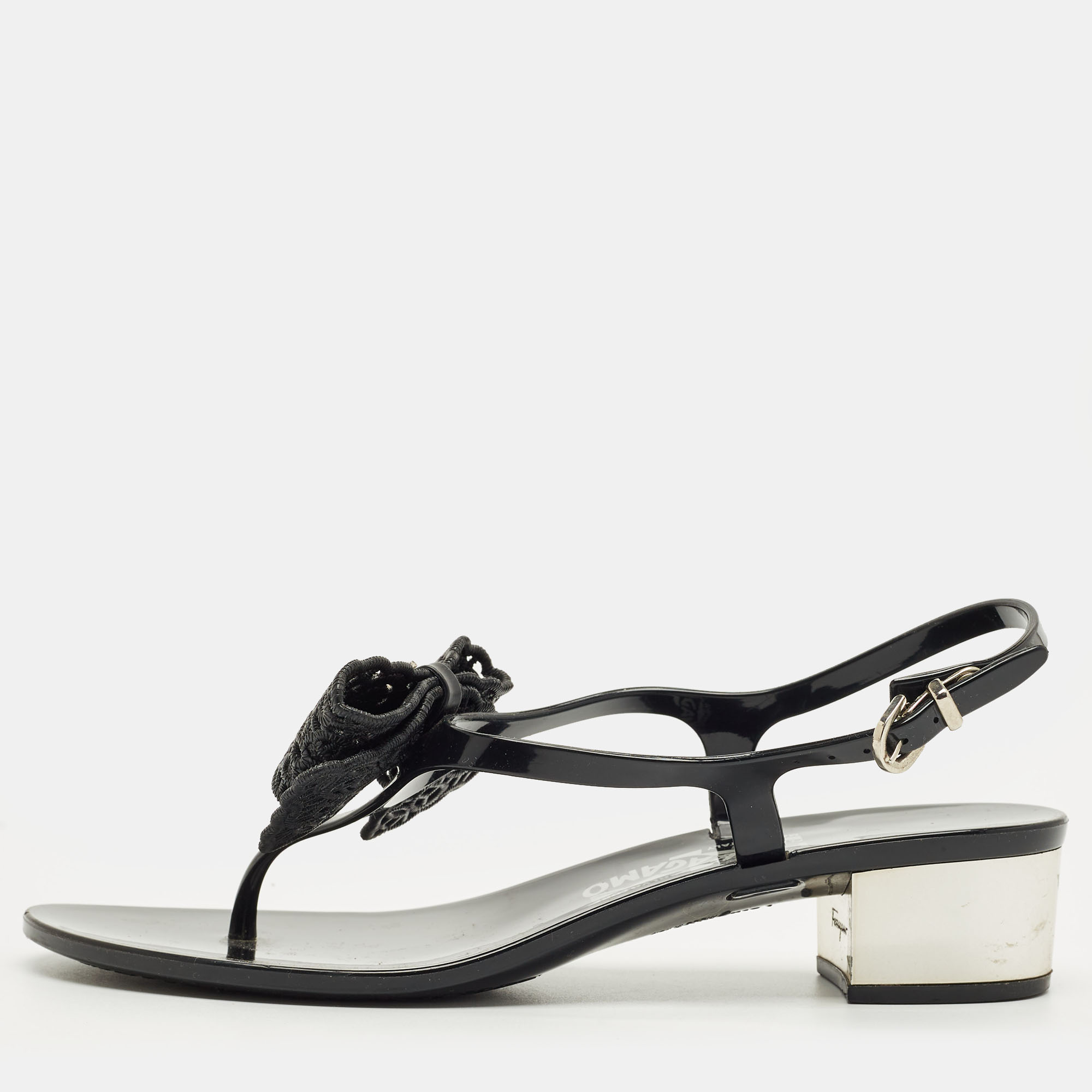 Pre-owned Ferragamo Black Rubber Per Ankle Strap Sandals Size 37.5