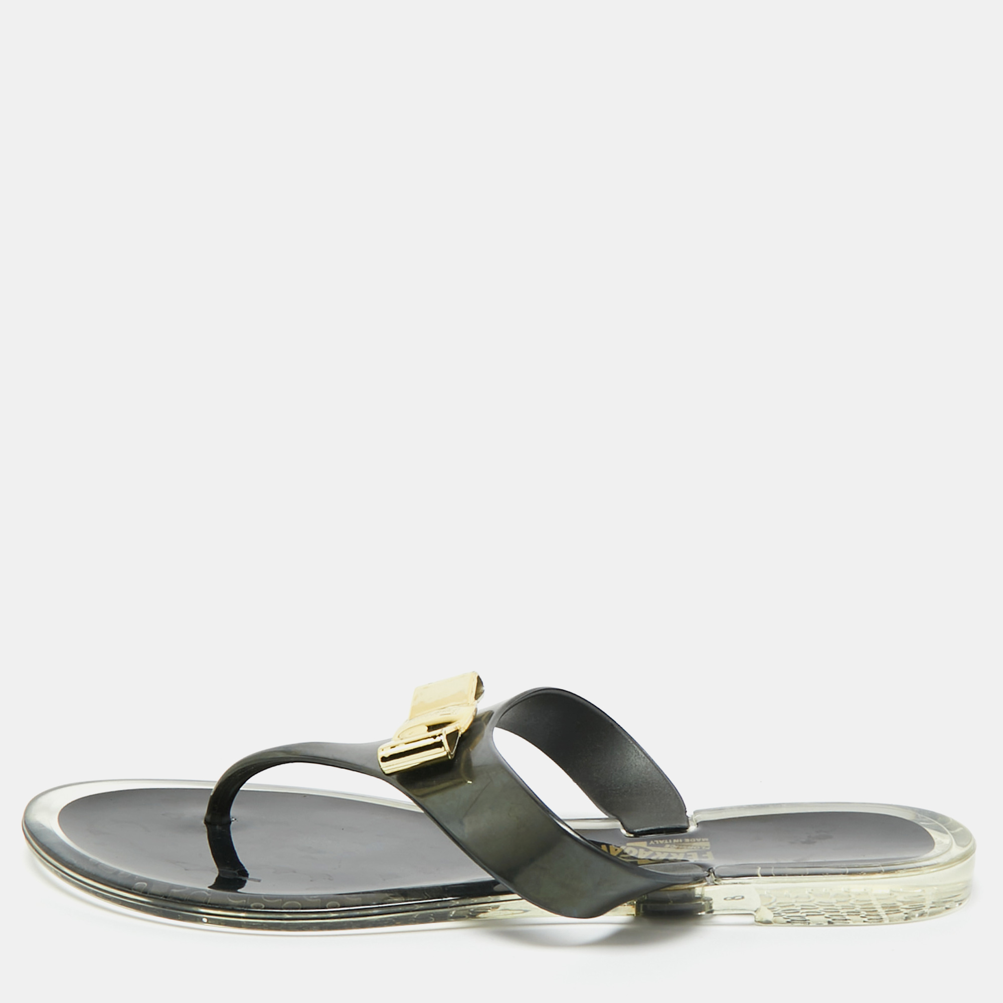 Pre-owned Ferragamo Black Jelly Vara Bow Thong Flat Sandals Size 38.5