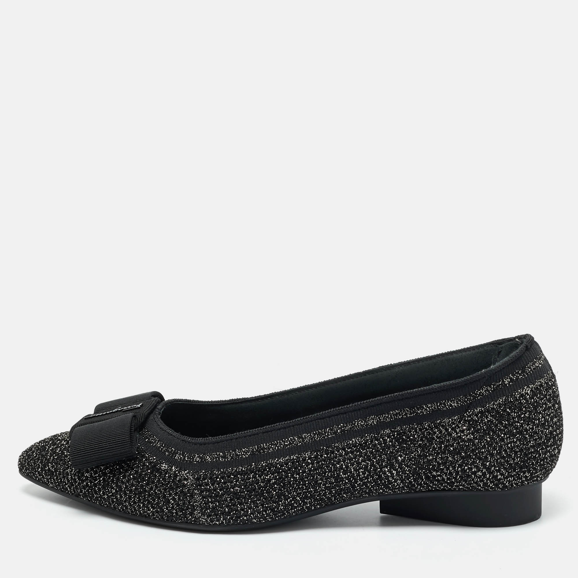 Pre-owned Ferragamo Black/gold Knit Fabric Varina Ballet Flats Size 38.5