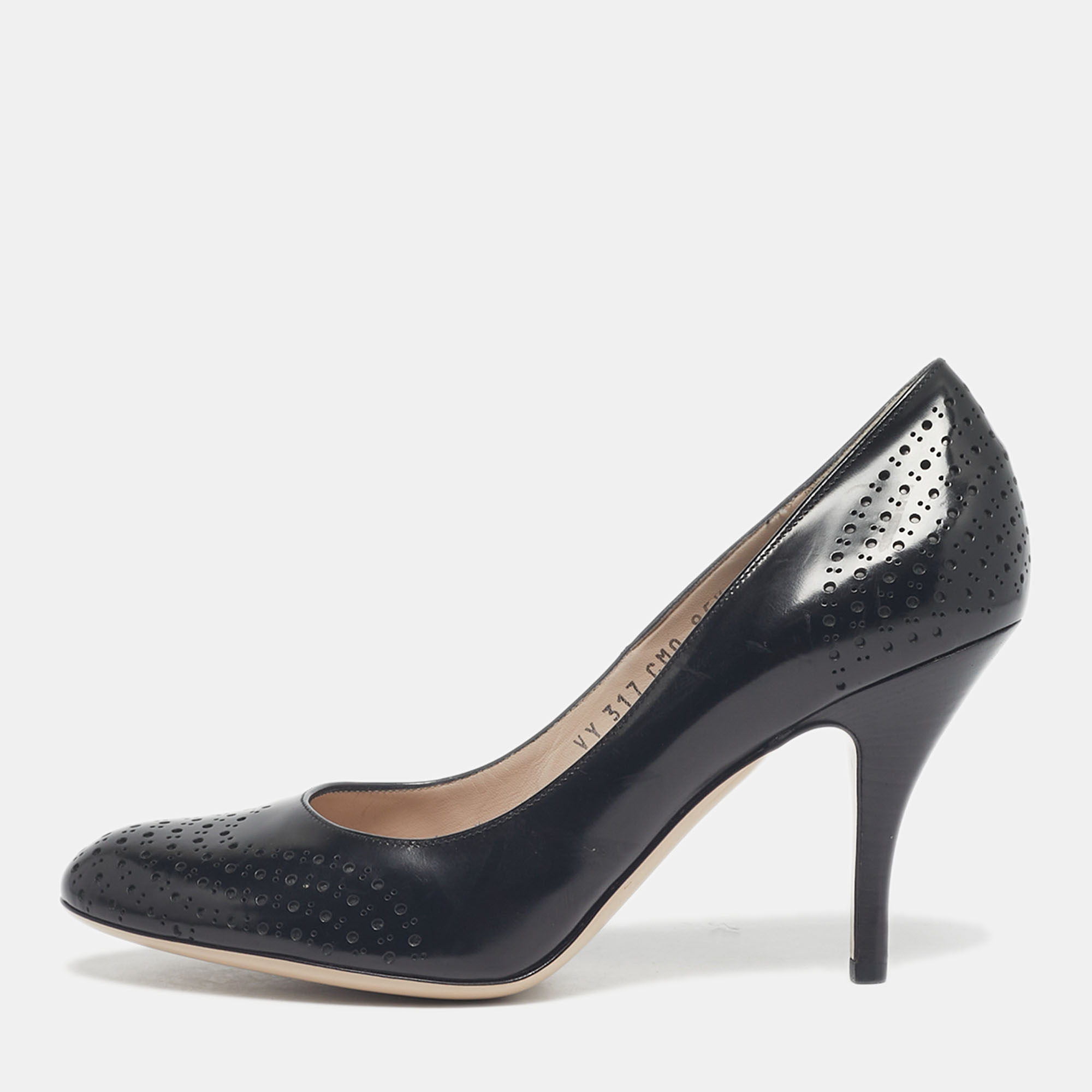 Pre-owned Ferragamo Black Perforated Leather Round Toe Pumps Size 38.5