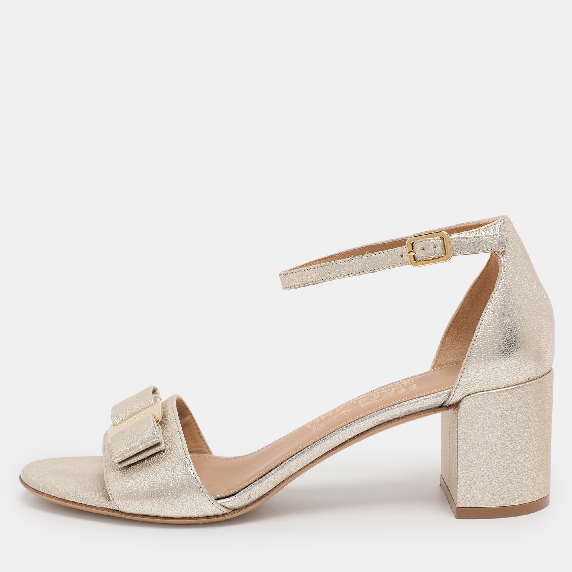 

Salvatore Ferragamo Gold Leather Vara Bow Ankle Strap Sandals Size 38.5