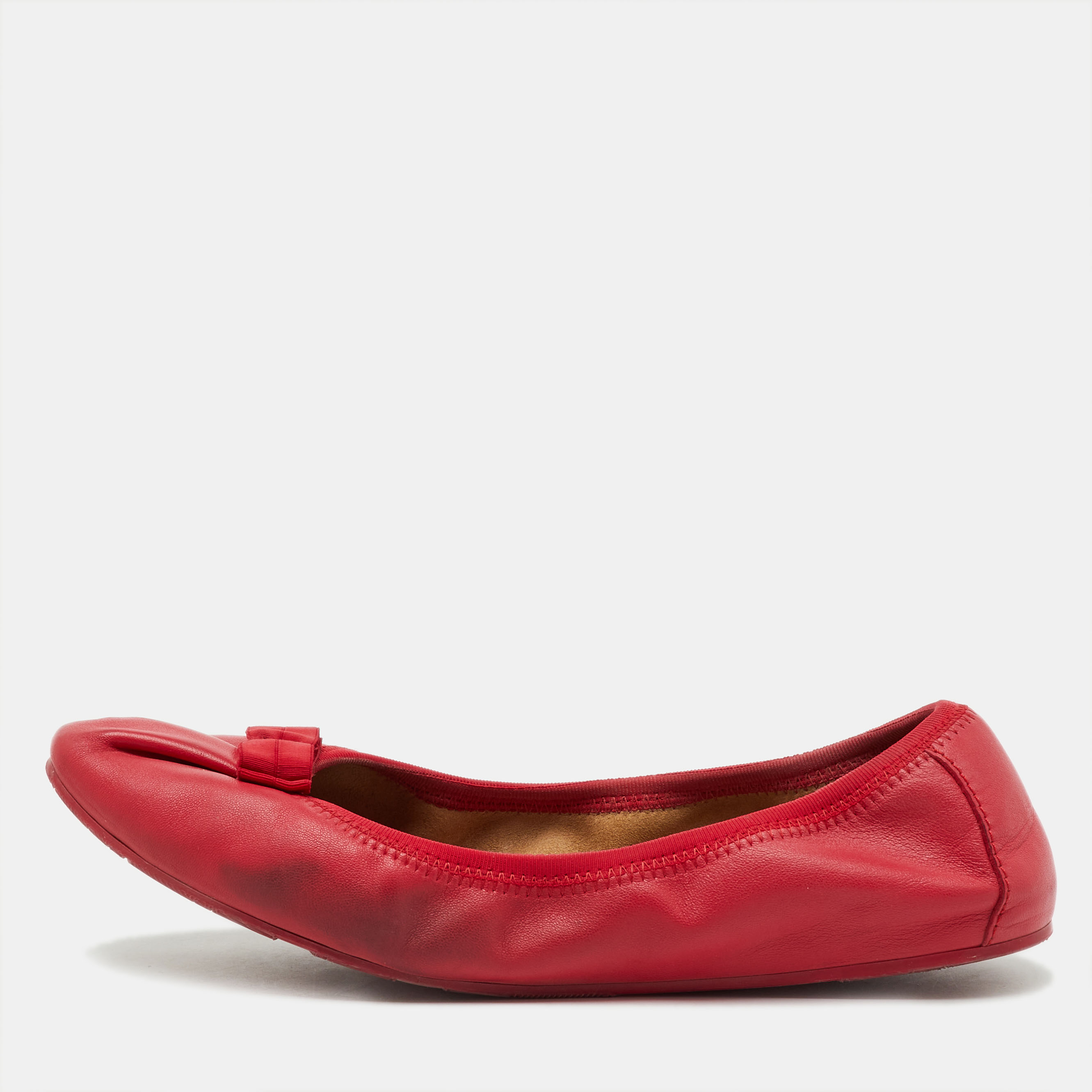 Pre-owned Ferragamo Red Leather My Joy Scrunch Ballet Flats Size 40.5