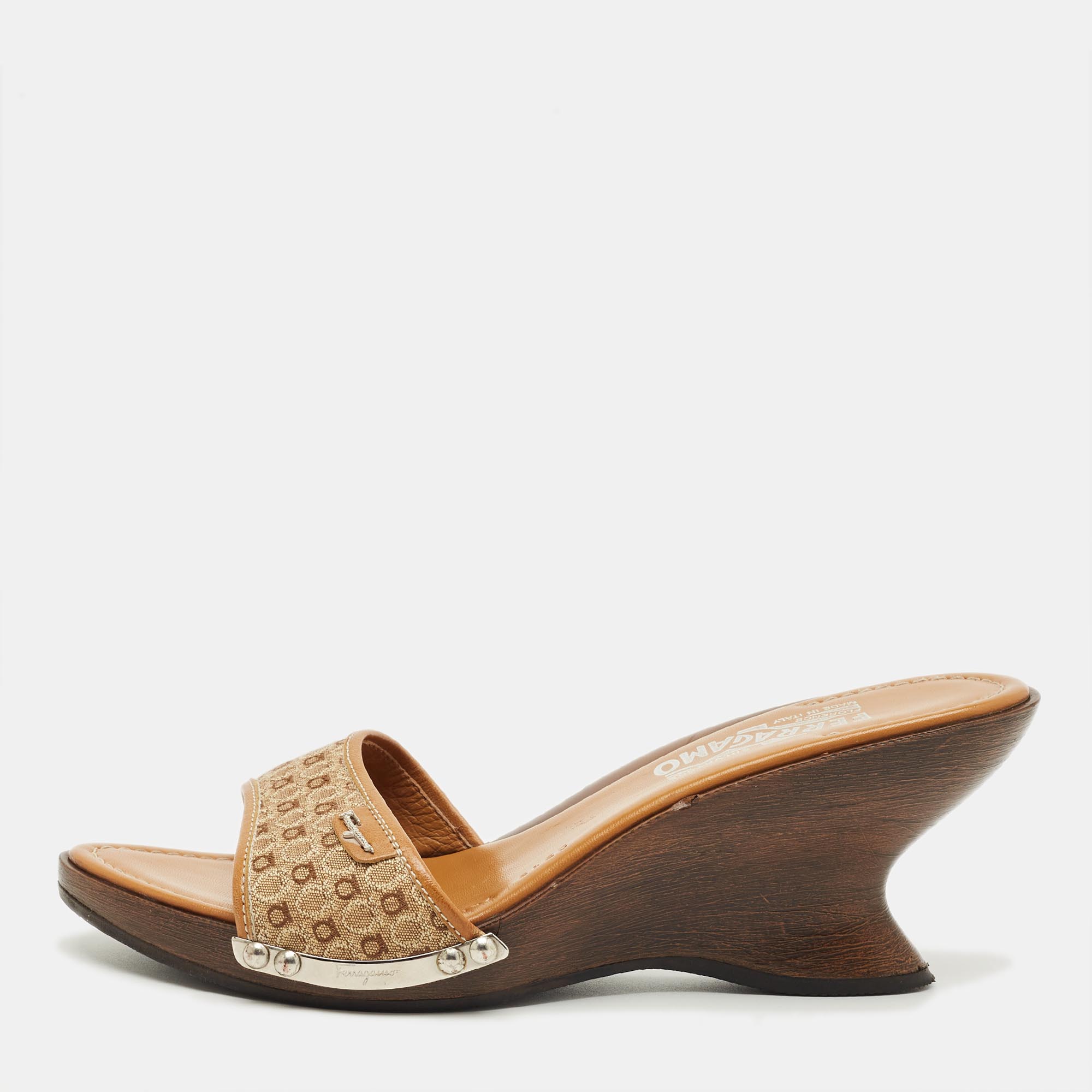 Pre-owned Ferragamo Brown Canvas And Leather Wedge Sandals Size 38