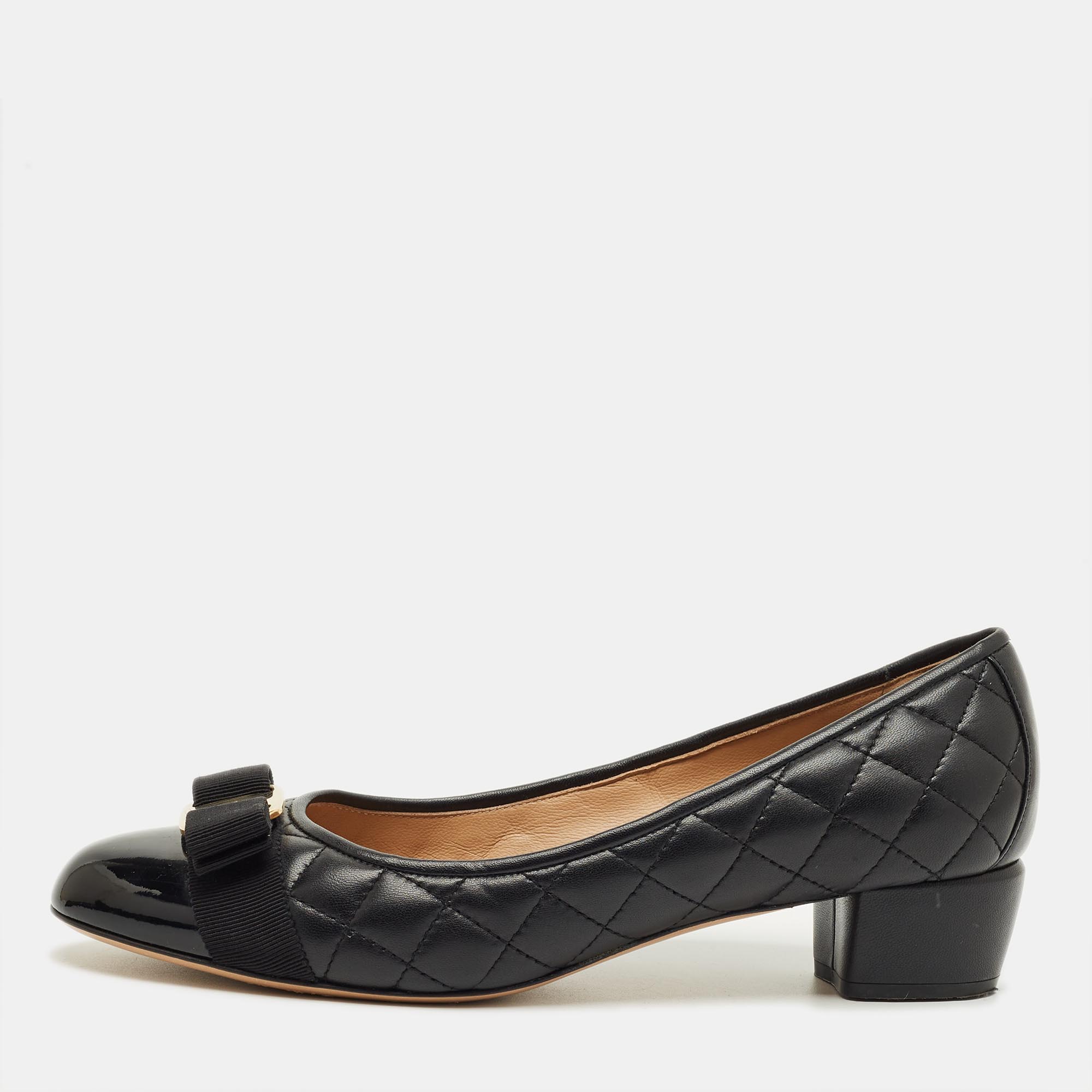 Pre-owned Ferragamo Black Quilted Leather Vara Bow Block Heel Pumps Size 39.5