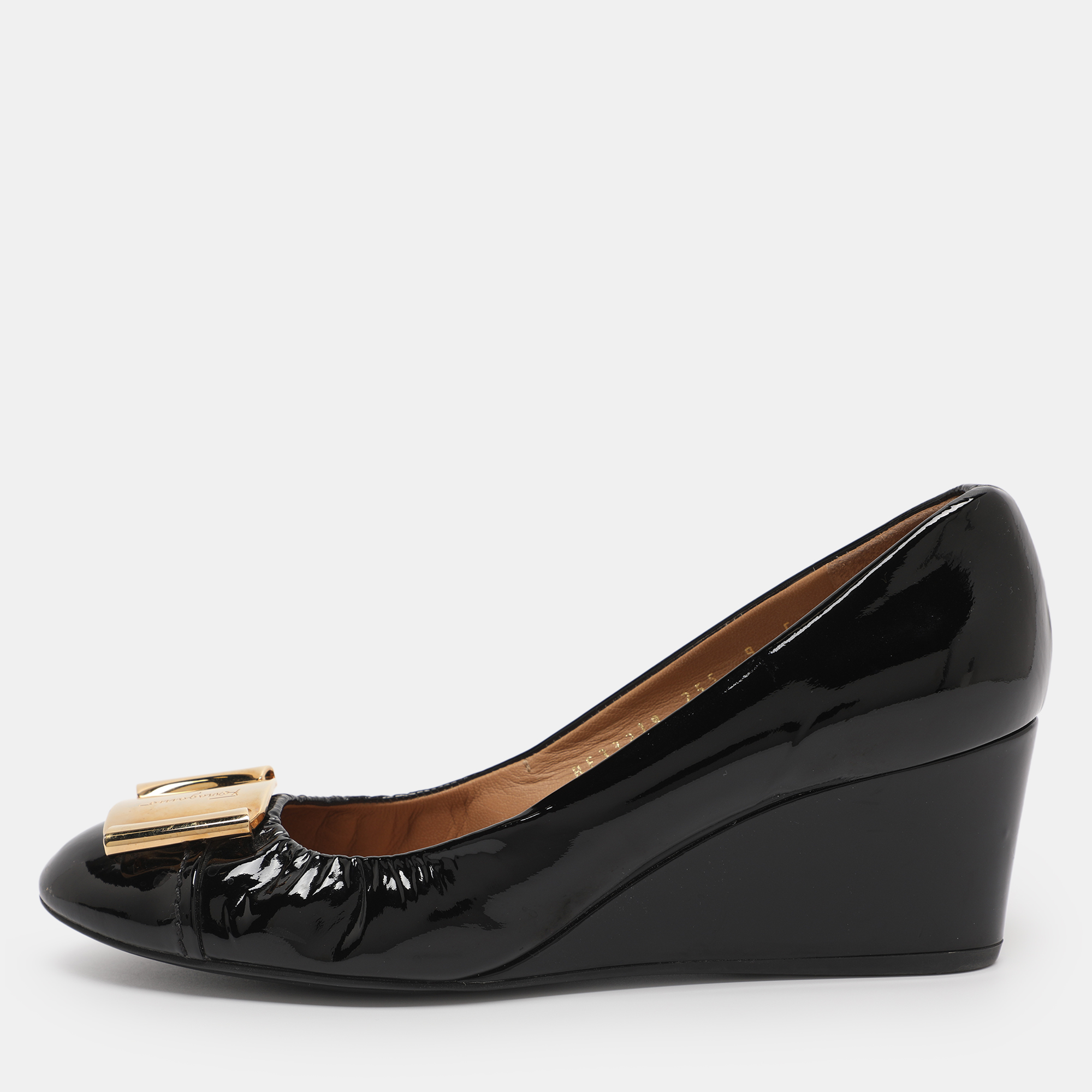 

Salvatore Ferragamo Black Patent Leather Wedge Pumps Size 39.5