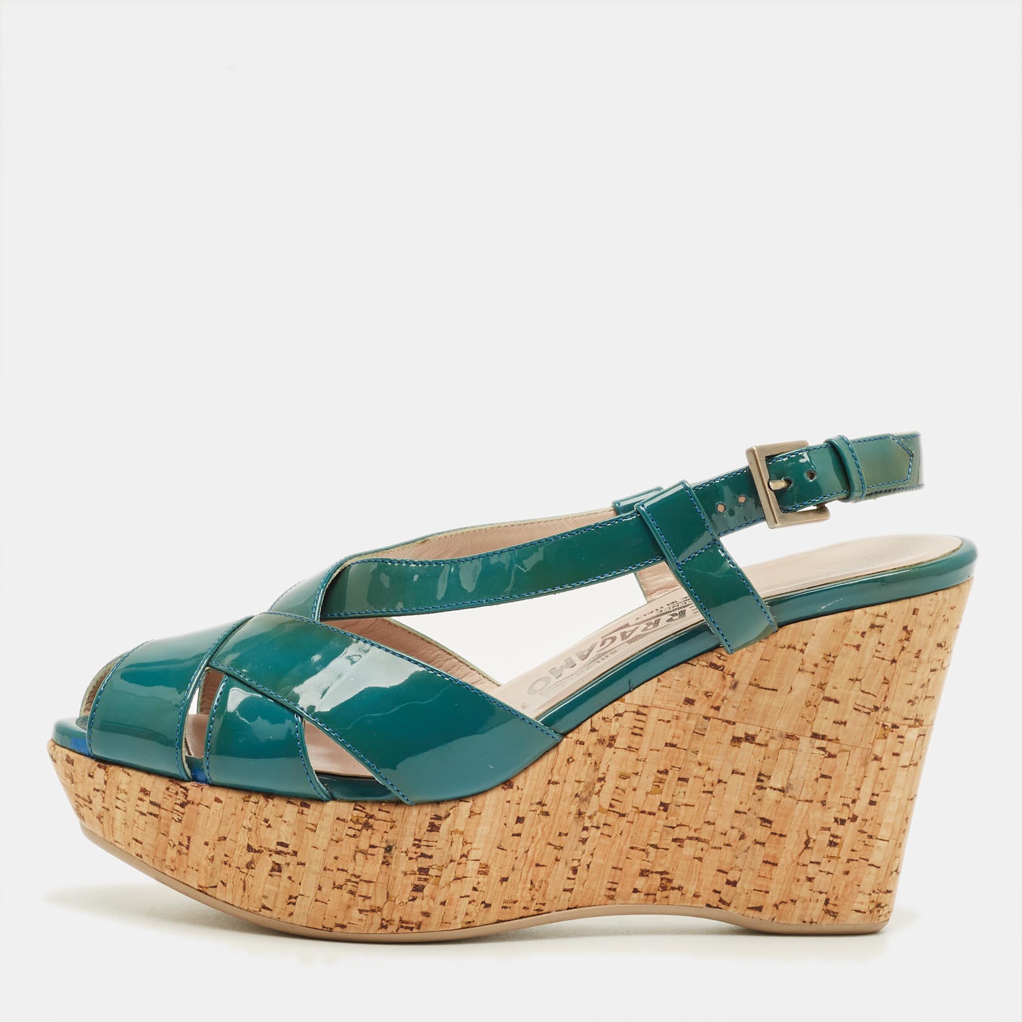 Pre-owned Ferragamo Blue Patent Leather Cork Wedge Slingback Sandals Size 36.5