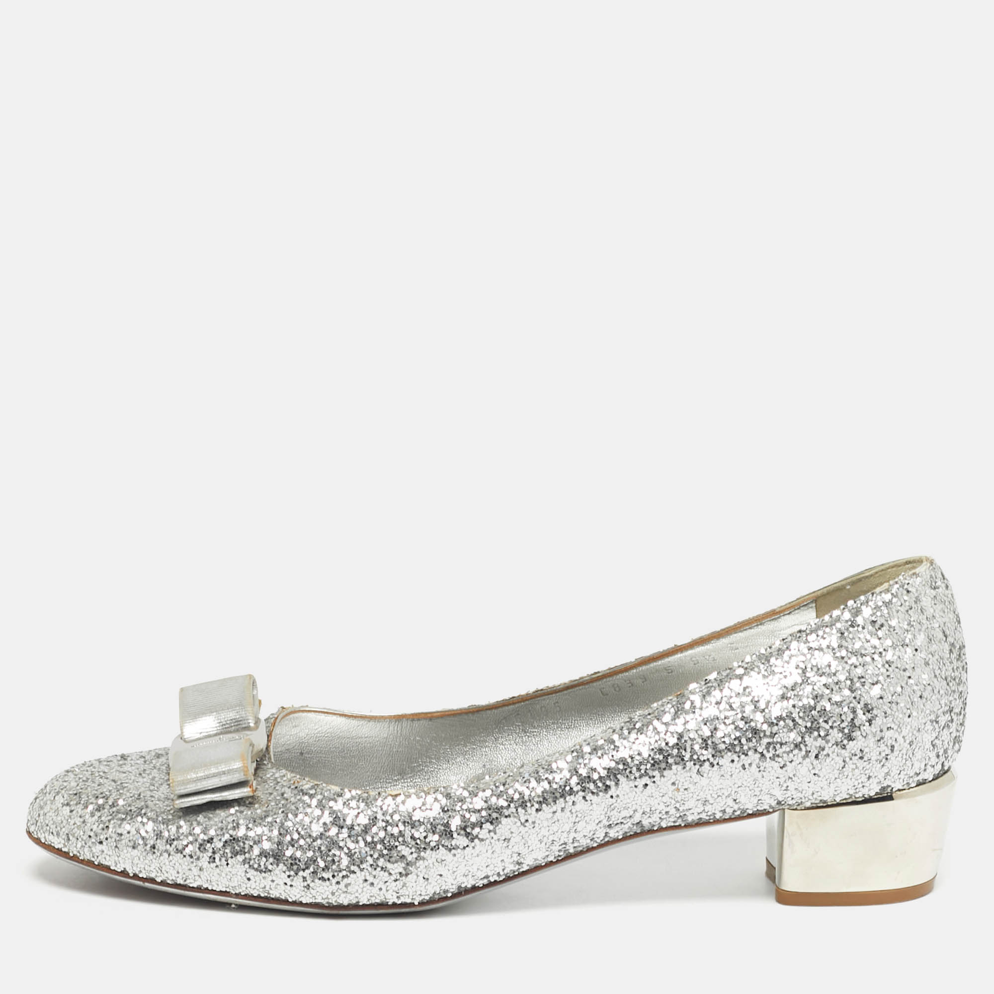 Pre-owned Ferragamo Silver Canvas And Leather Garda Block Heel Pumps Size 40