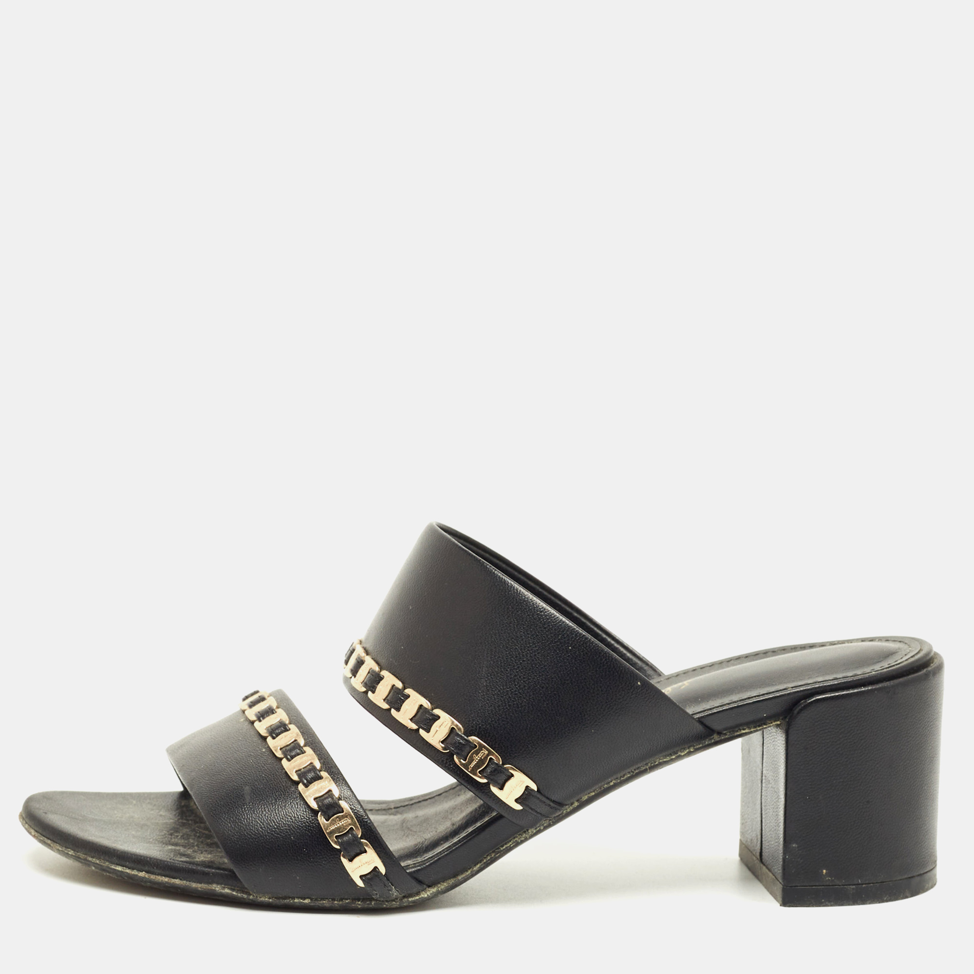 Pre-owned Ferragamo Black Leather Trabia Chain Block Heel Slide Sandals Size 37
