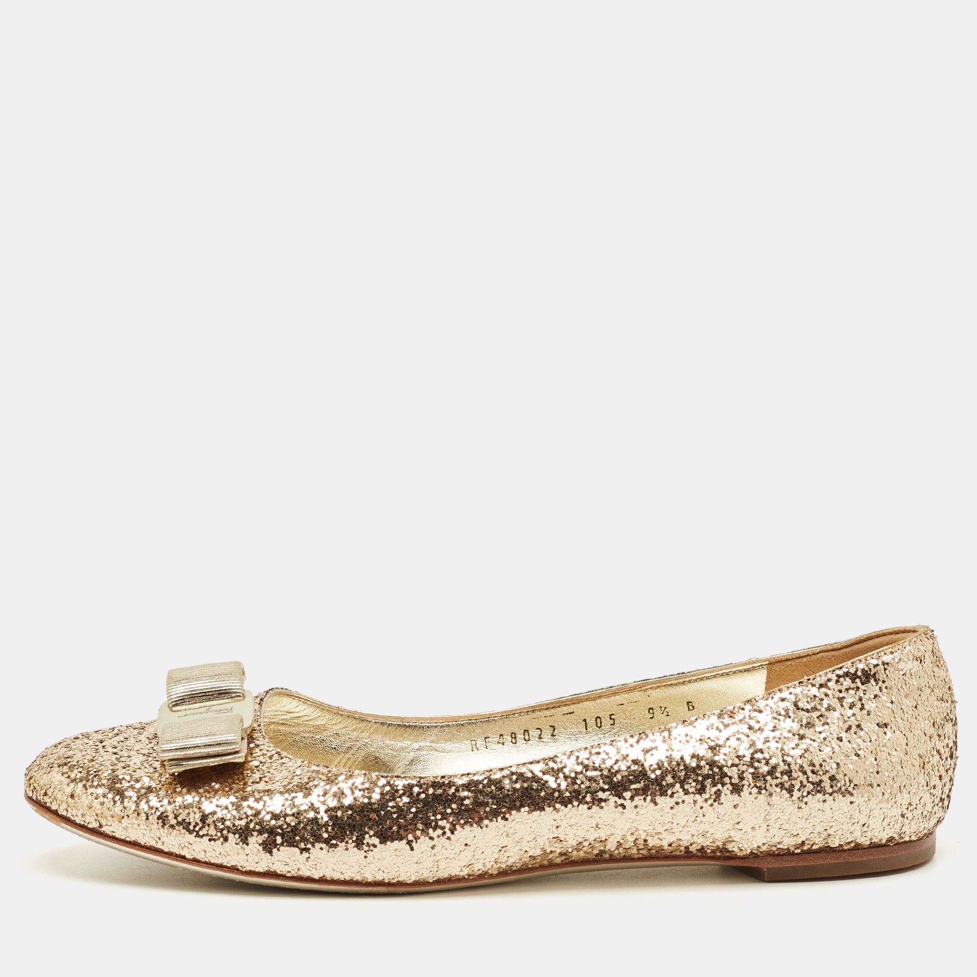 FERRAGAMO Pre-owned Gold Glitter Varina Bow Ballet Flats Size 40
