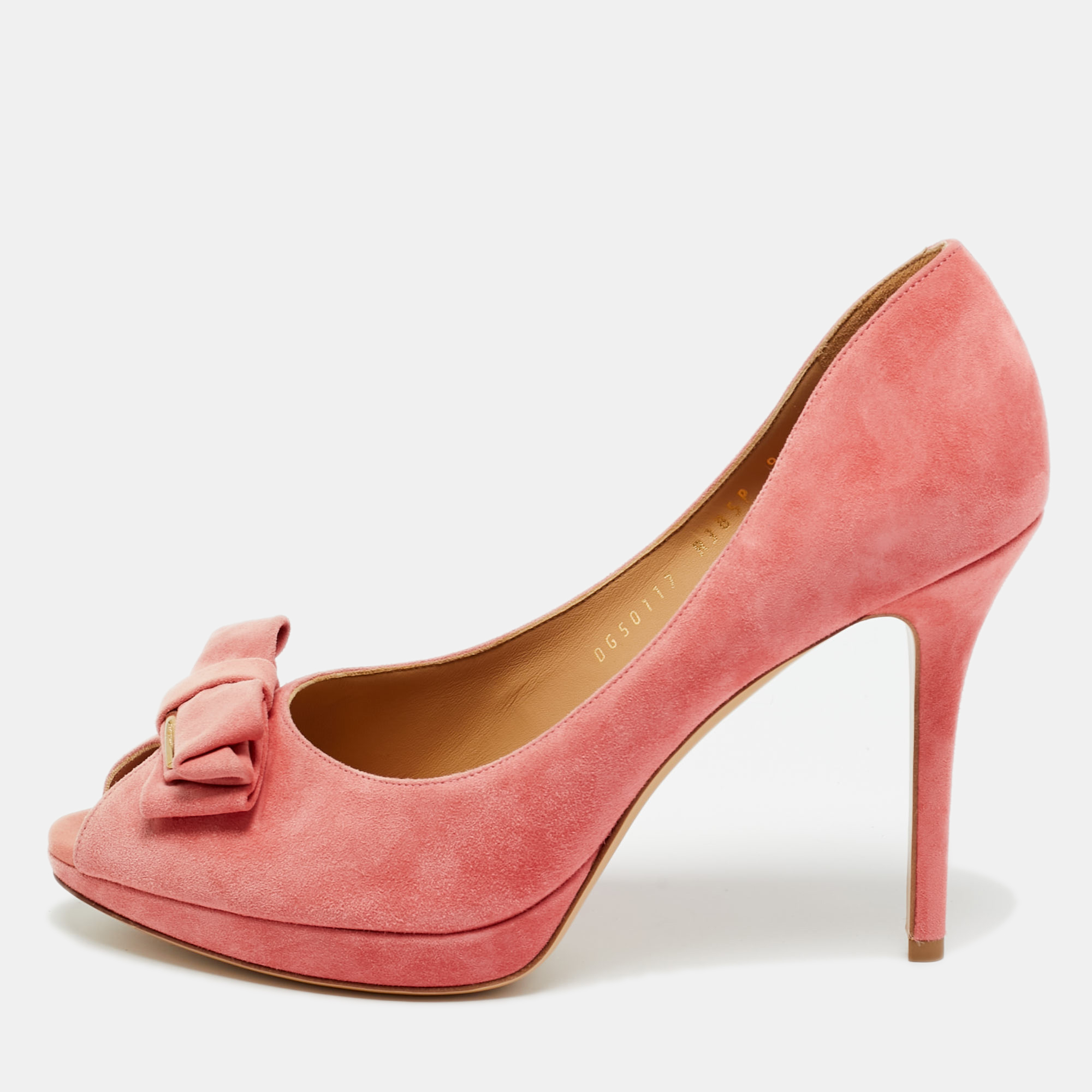 FERRAGAMO Pre-owned Pink Suede Bow Peep Toe Pumps Size 39.5