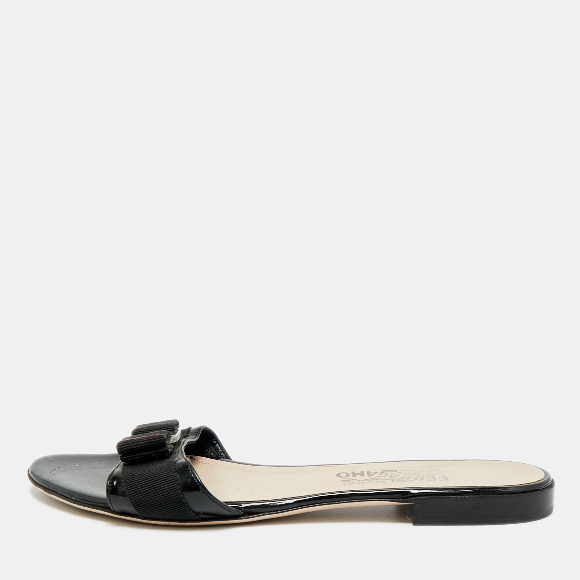 

Salvatore Ferragamo Black Patent Leather Vara Bow Open Toe Flats Size 39.5