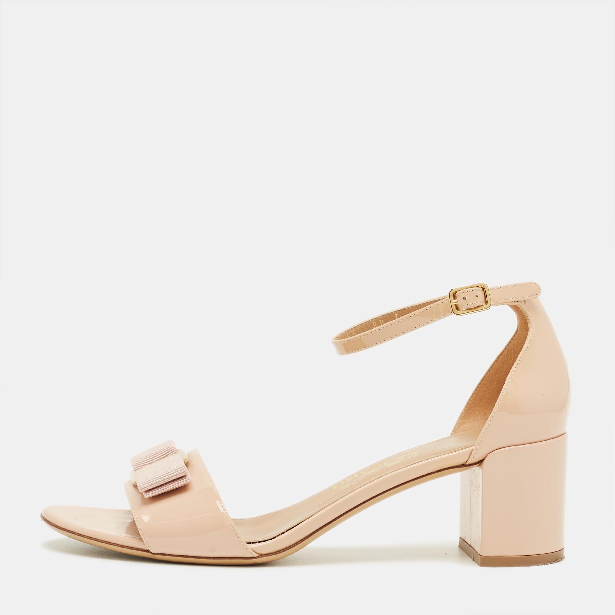 Pre-owned Ferragamo Beige Patent Leather Vara Bow Ankle Strap Sandals Size 39