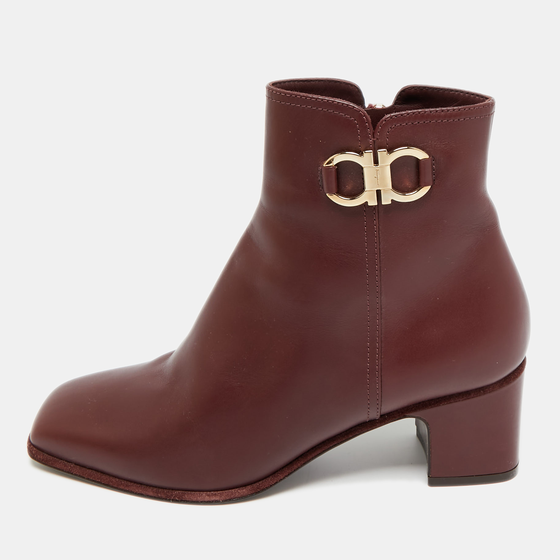 Pre-owned Ferragamo Gancini Burgundy Leather Ankle Length Boots Size 36.5