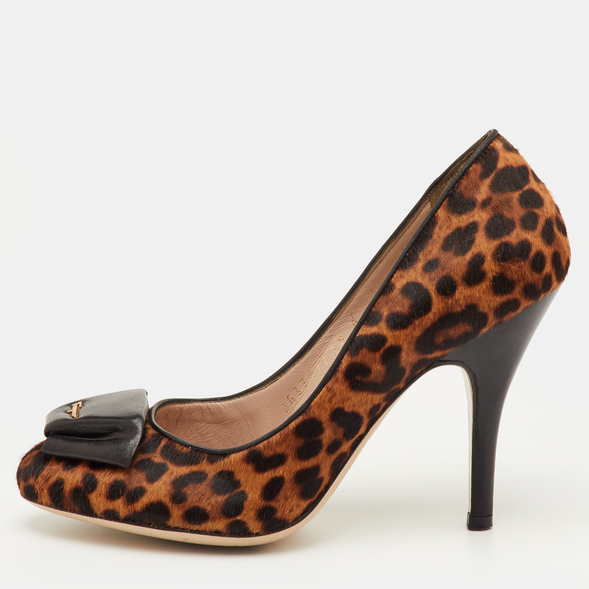 Pre-owned Ferragamo Size 35.5 Brown/black Leopard Calf Hair And Leather Bow Detail Pumps