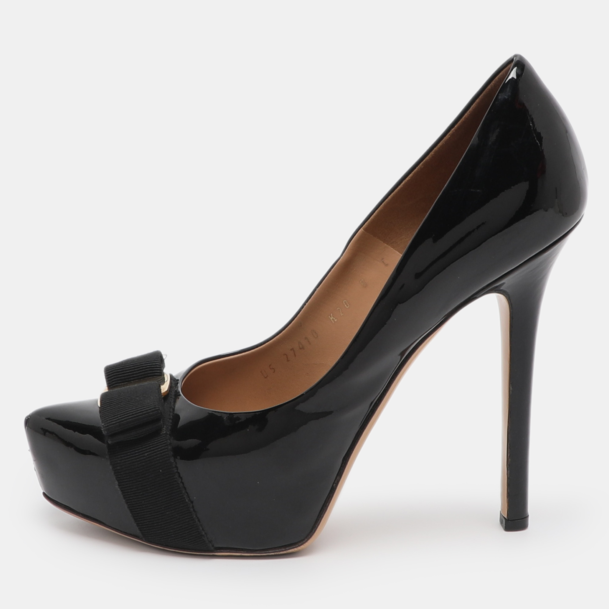 Pre-owned Ferragamo Trilly Size 38.5 Black Patent Leather Platform Pumps