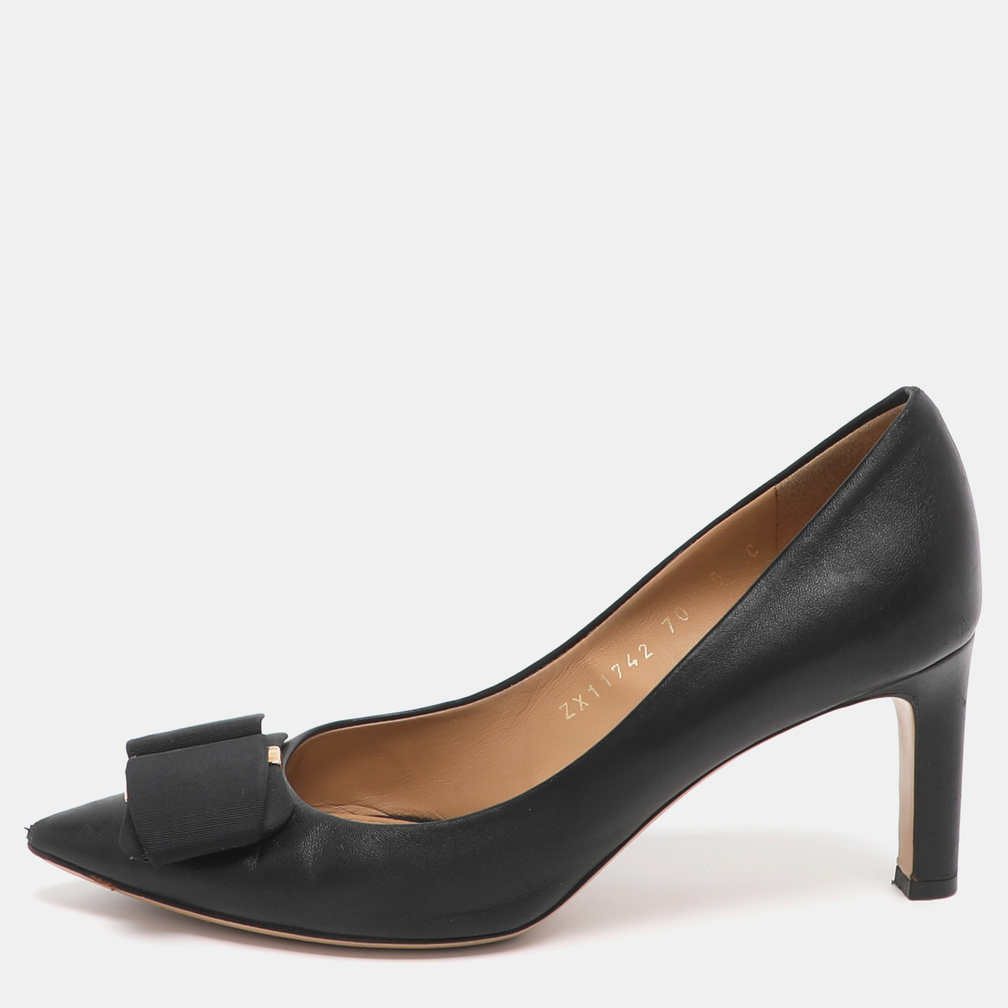 Pre-owned Ferragamo Size 36.5 Black Leather Bow Pointed Toe Pumps