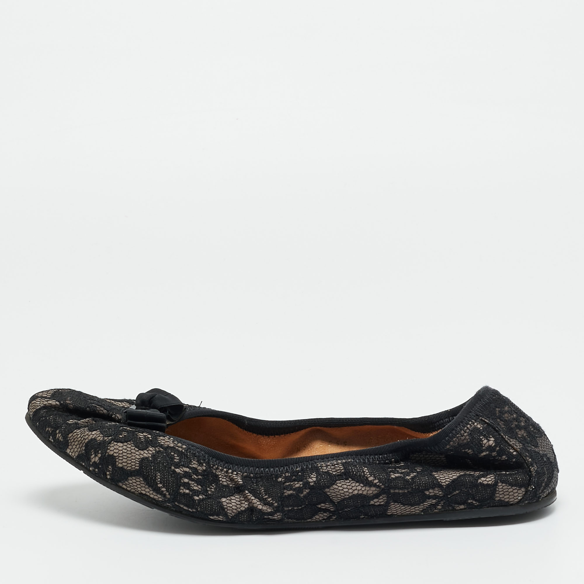 Pre-owned Ferragamo My Joy Size 39.5 Black Lace Bow Detail Ballet Flats