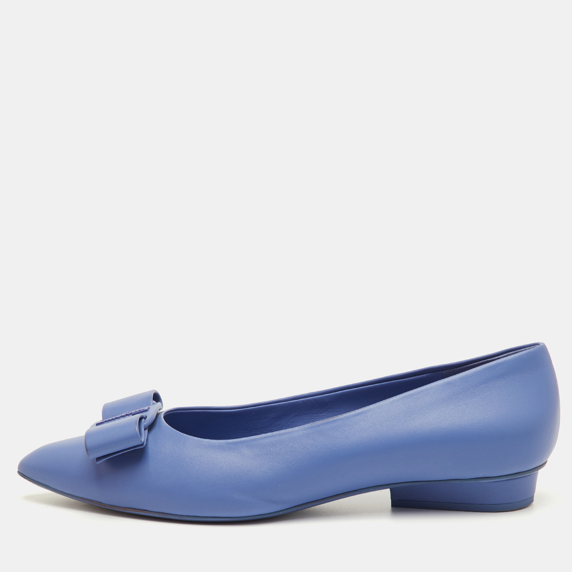 Pre-owned Ferragamo Viva Bow Size 41 Blue Leather Ballet Flats