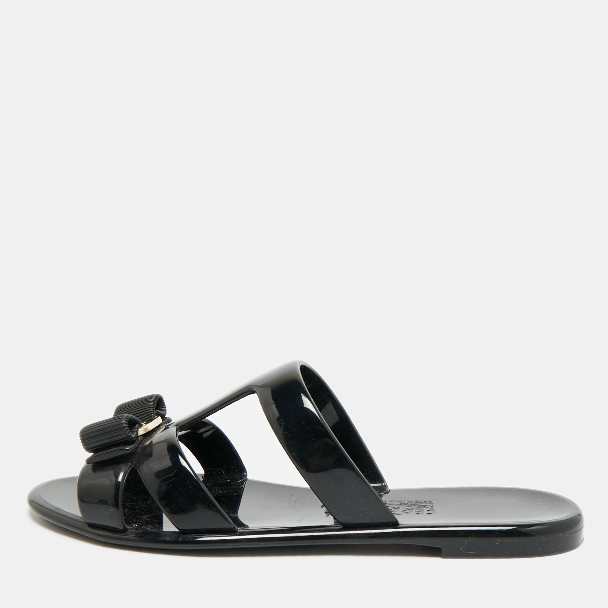 Pre-owned Ferragamo Lylia Vara Size 38.5 Black Jelly Flat Slides