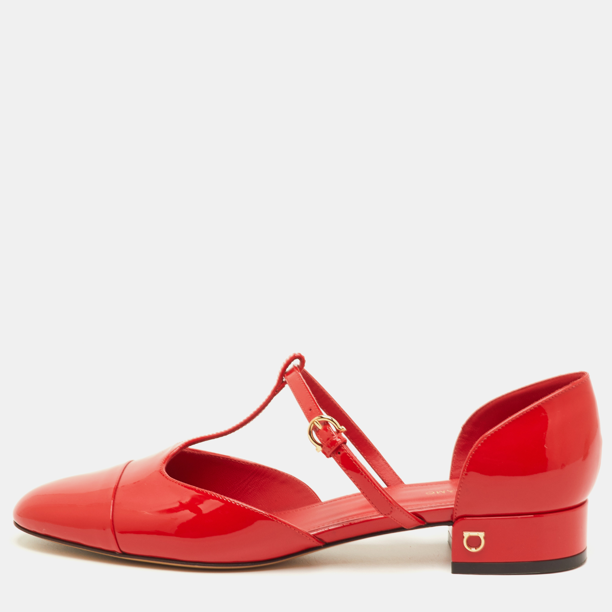 Pre-owned Ferragamo Size 39.5 Red Patent Leather T-strap Ballet Flats