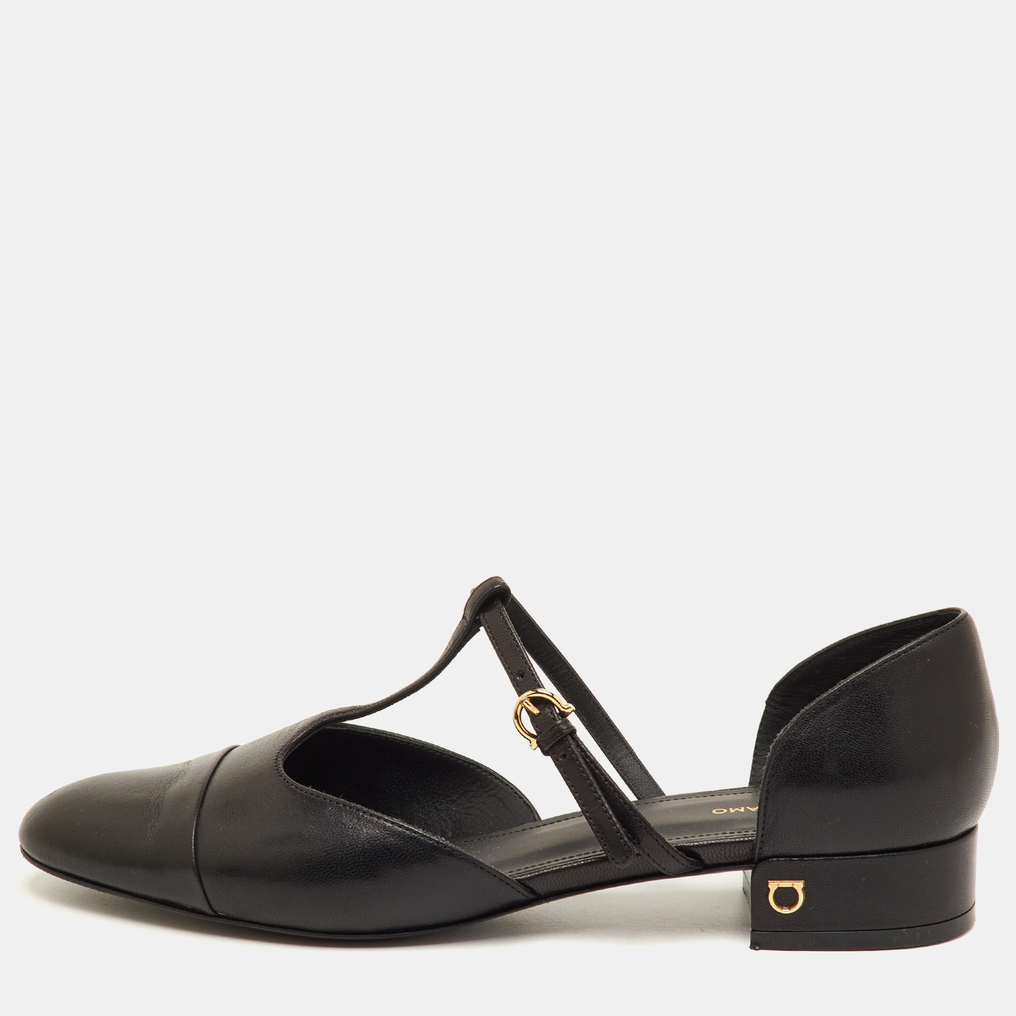 Pre-owned Ferragamo Size 39.5 Black Leather T-strap Ballet Flats