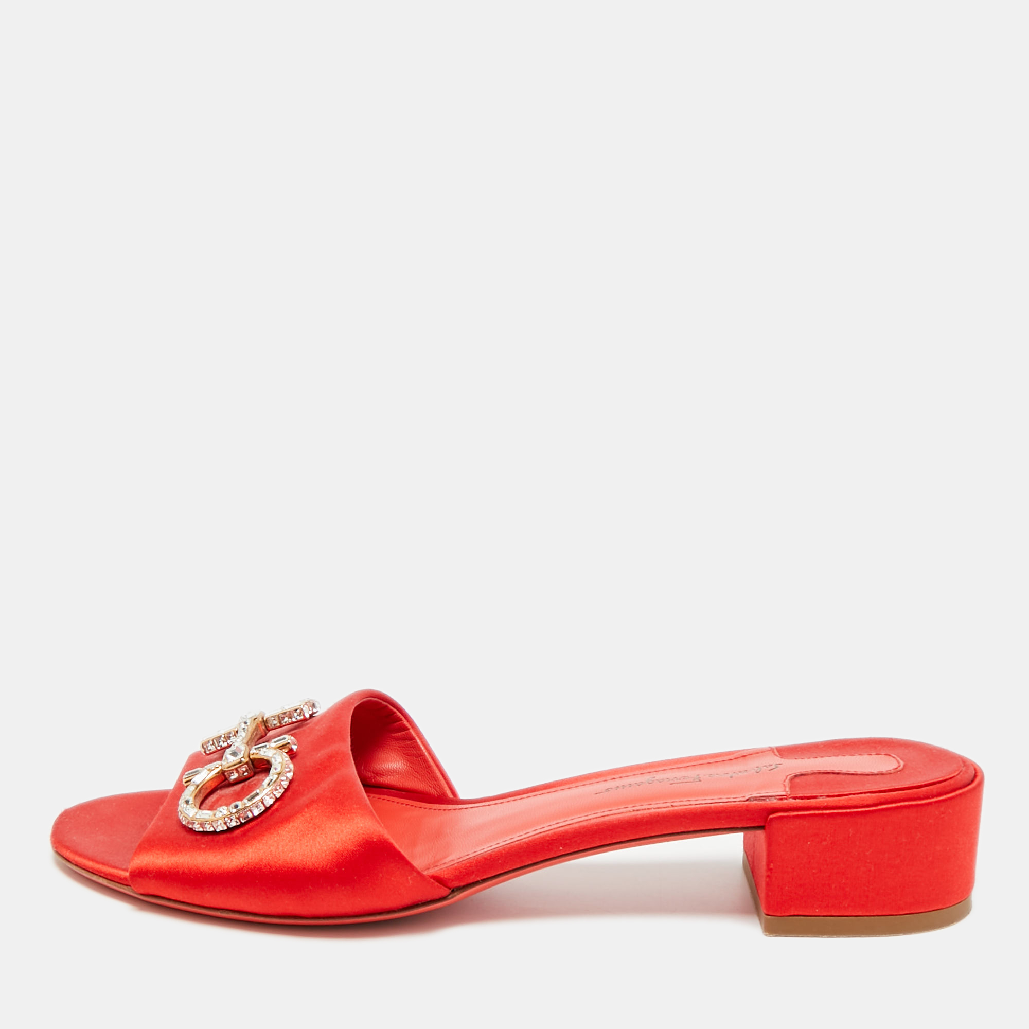 

Salvatore Ferragamo Gancini Size 38.5 Red Satin Crystal Embellished Slide Sandals