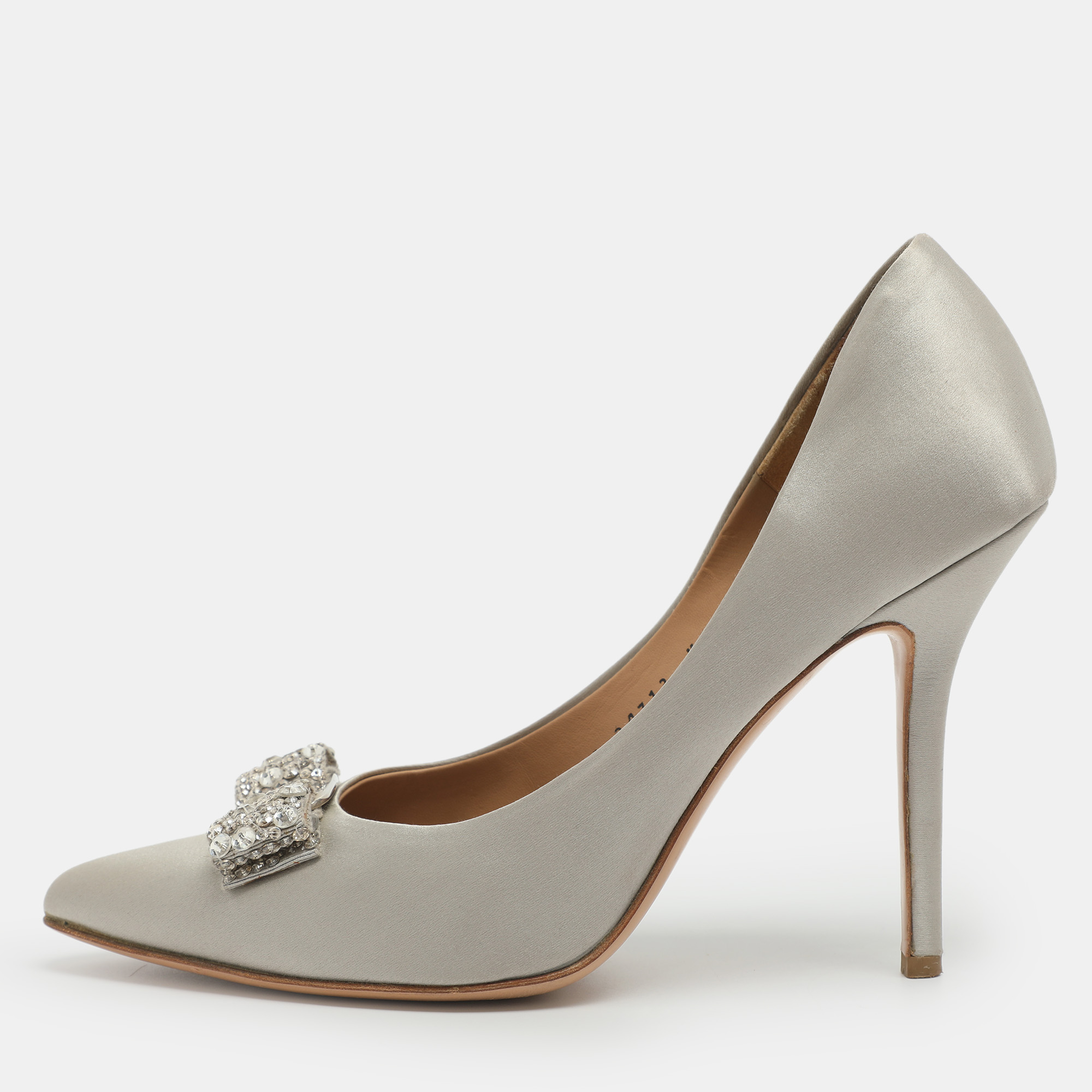 

Salvatore Ferragamo Vara Bow Size 40 Grey Satin Crystal Embellished Pumps