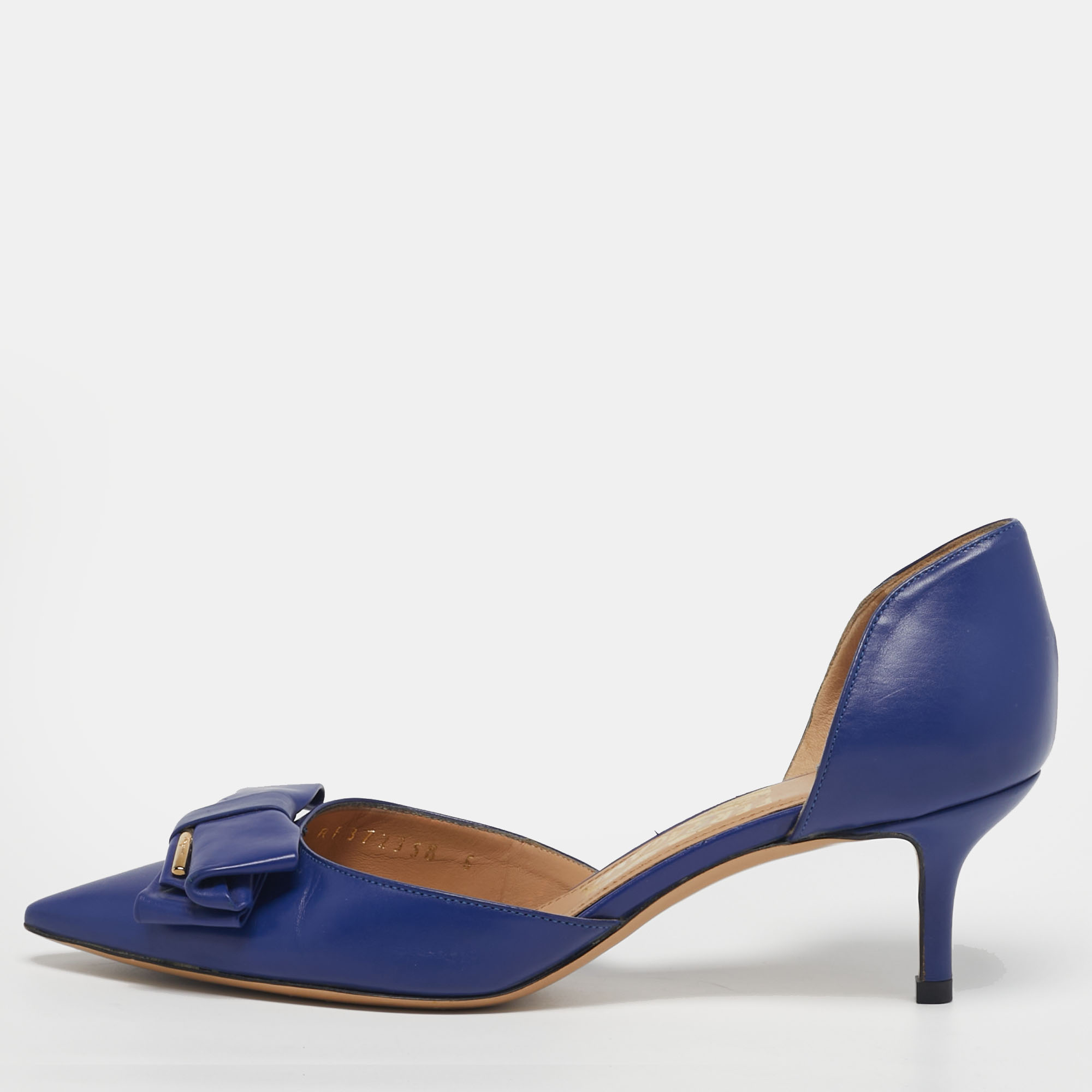 

Salvatore Ferragamo Rietta Size 36.5 Blue Leather Bow D'orsay Pumps