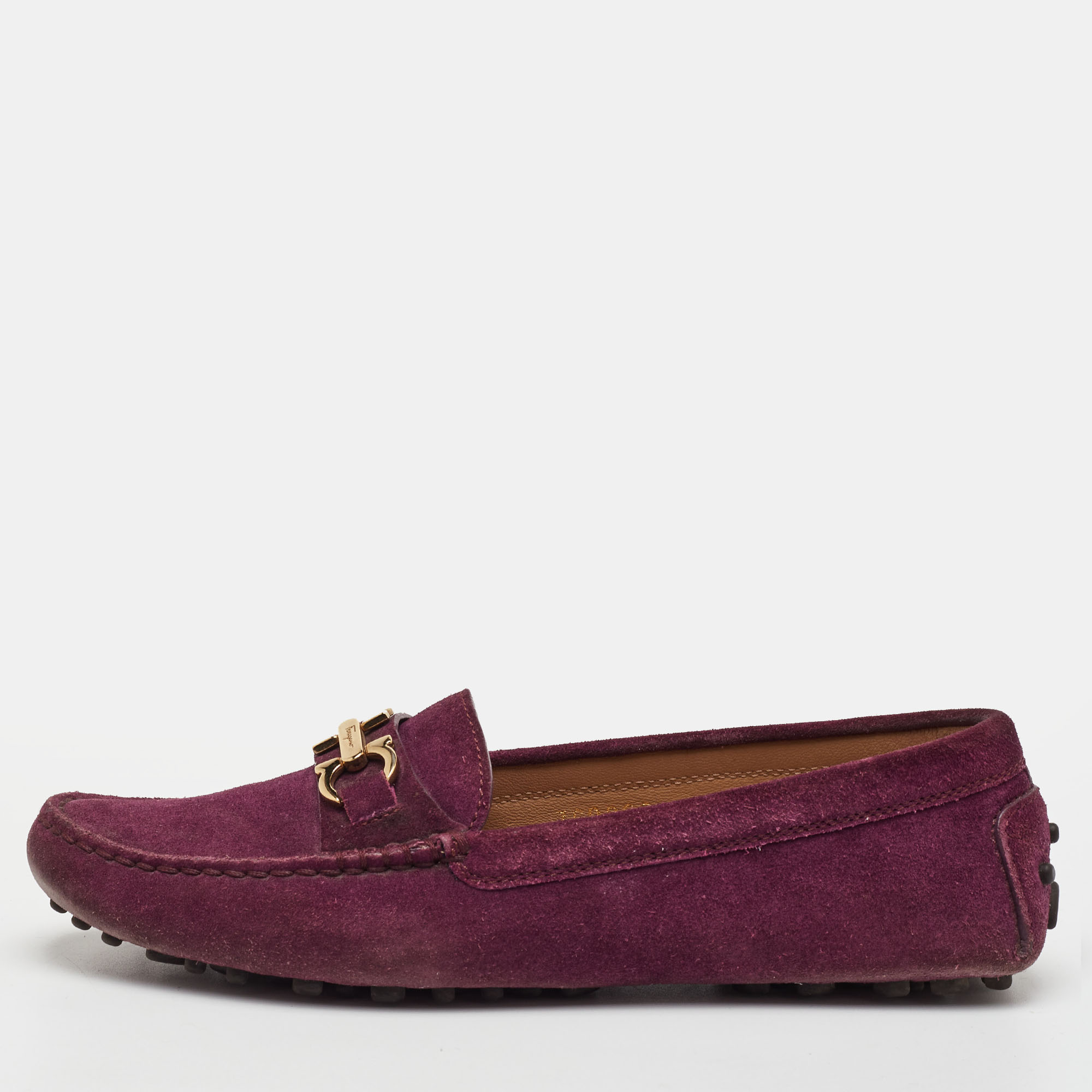 

Salvatore Ferragamo Gancini Size 35 Dark Purple Suede Slip On Loafers
