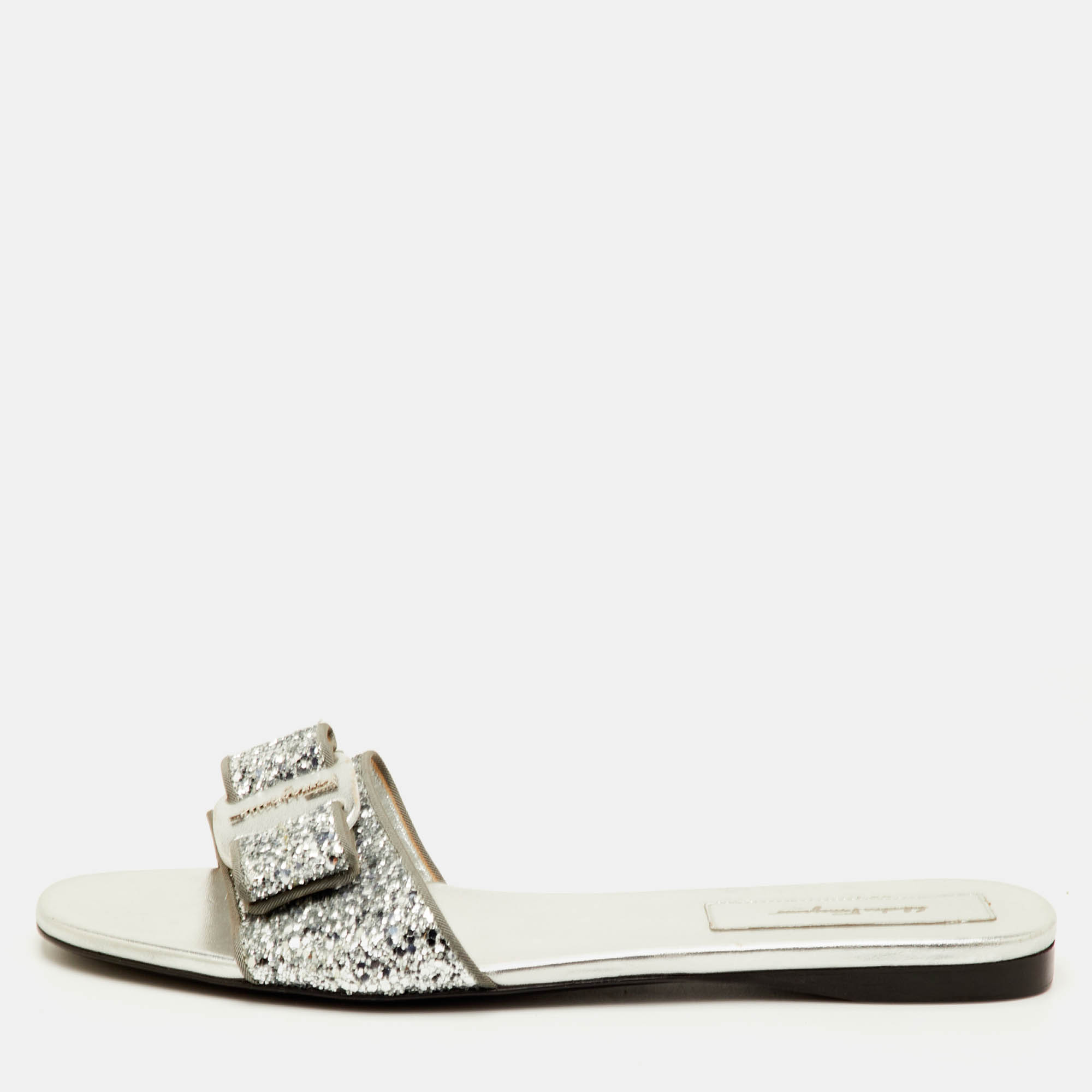 Pre-owned Ferragamo Vicky Size 40.5 Silver Glitter Bow Flat Slide Sandals