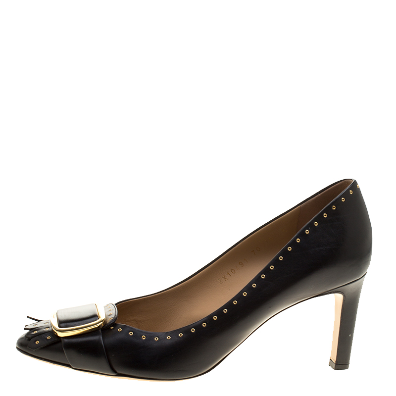 

Salvatore Ferragamo Black Leather Studded Buckle Pumps Size