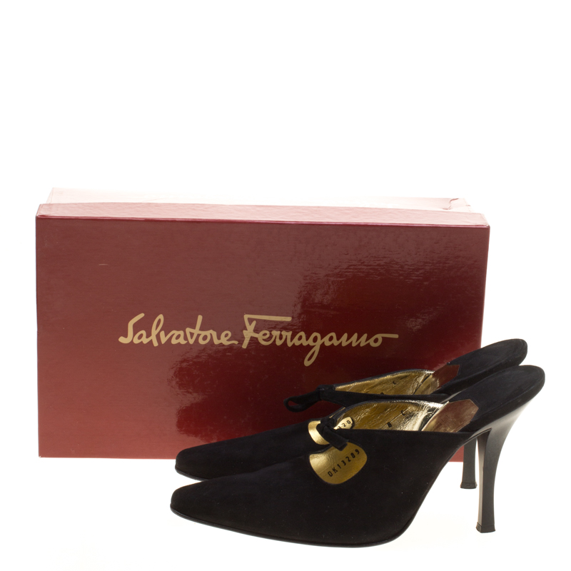 Pre-owned Ferragamo Black Suede Anamur Pointed Toe Mules Size 38.5