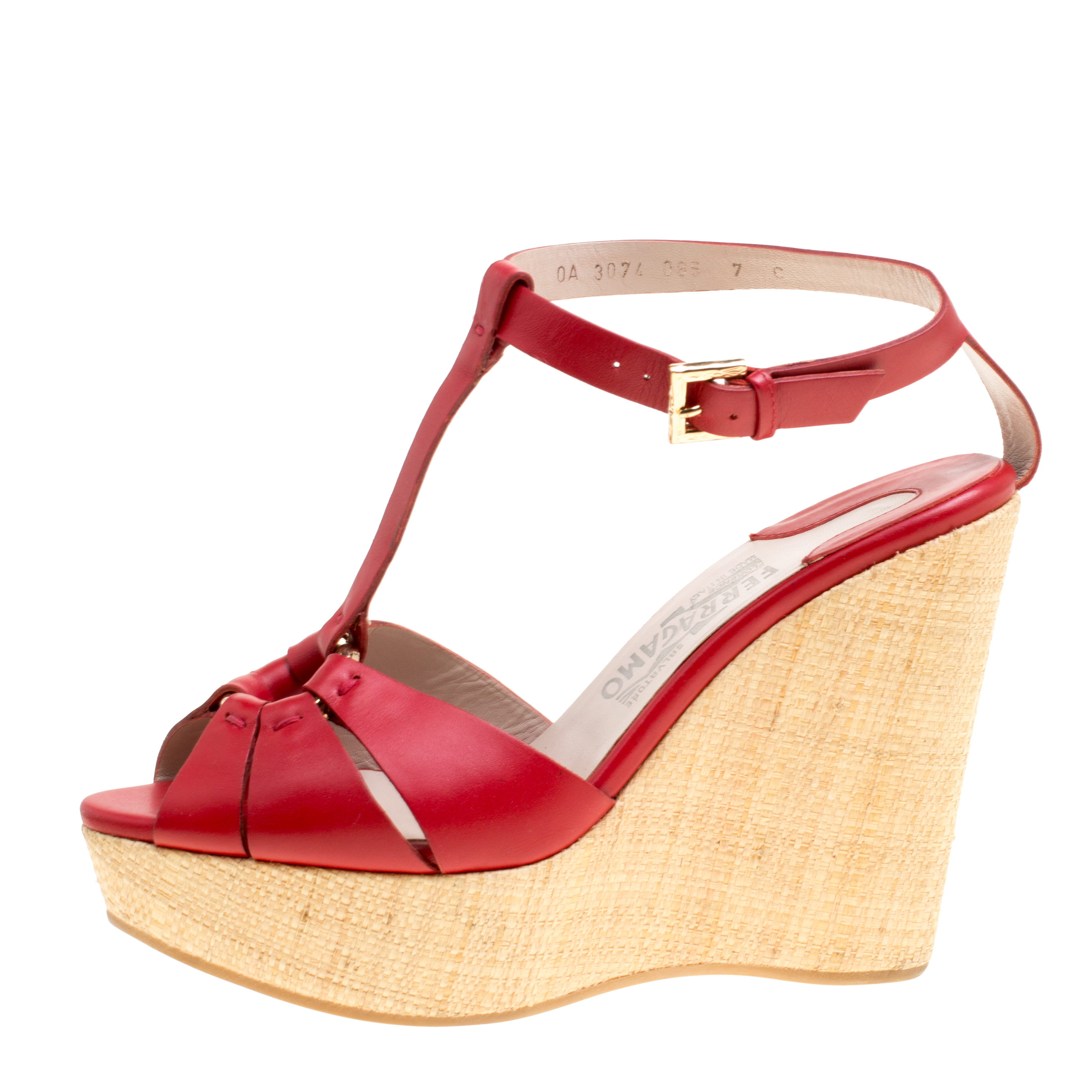 

Salvatore Ferragamo Red Leather T-Strap Platform Wedge Sandals Size