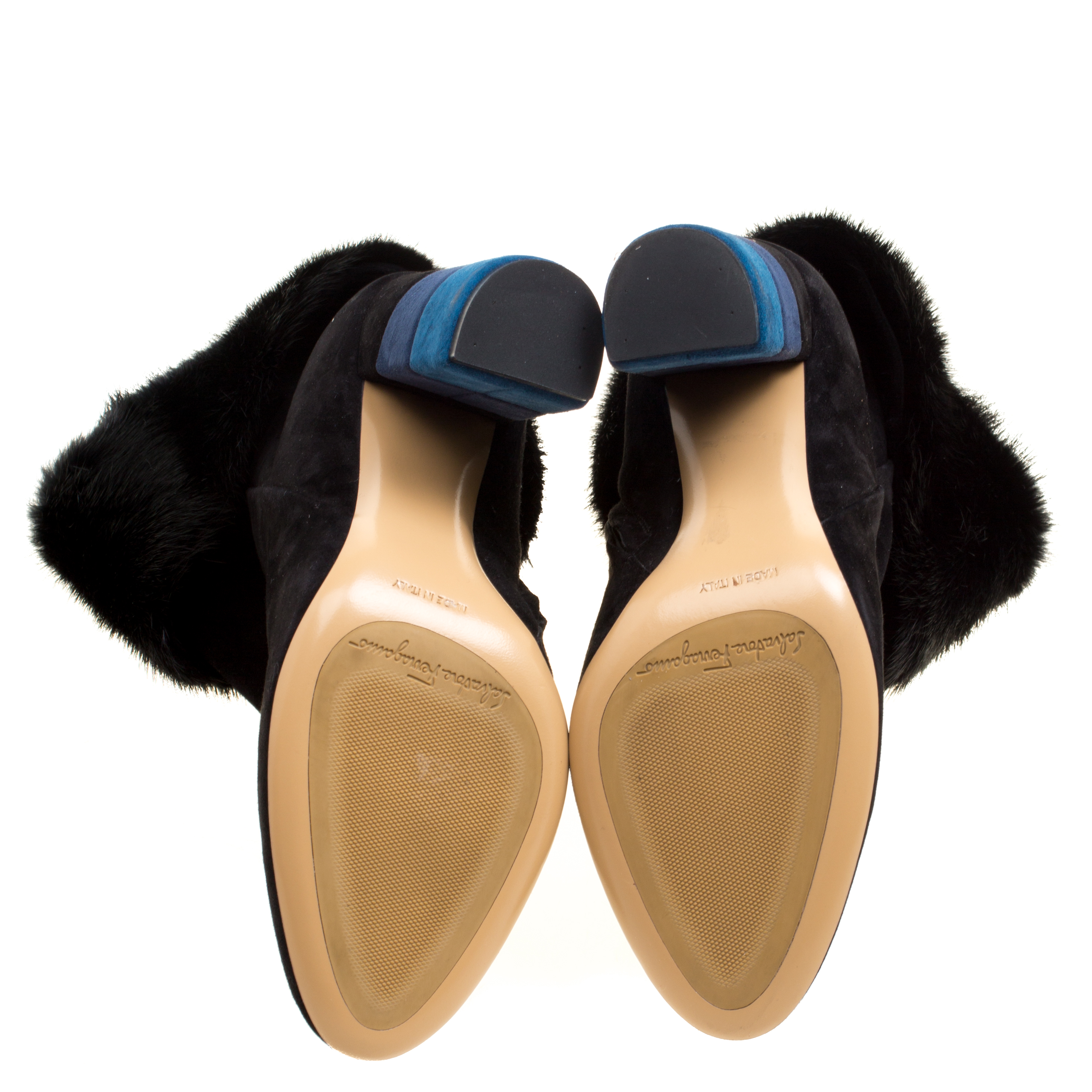 Salvatore Ferragamo Black Suede Color Block Heel Loris Fur Trim Ankle Boots Size 37.5