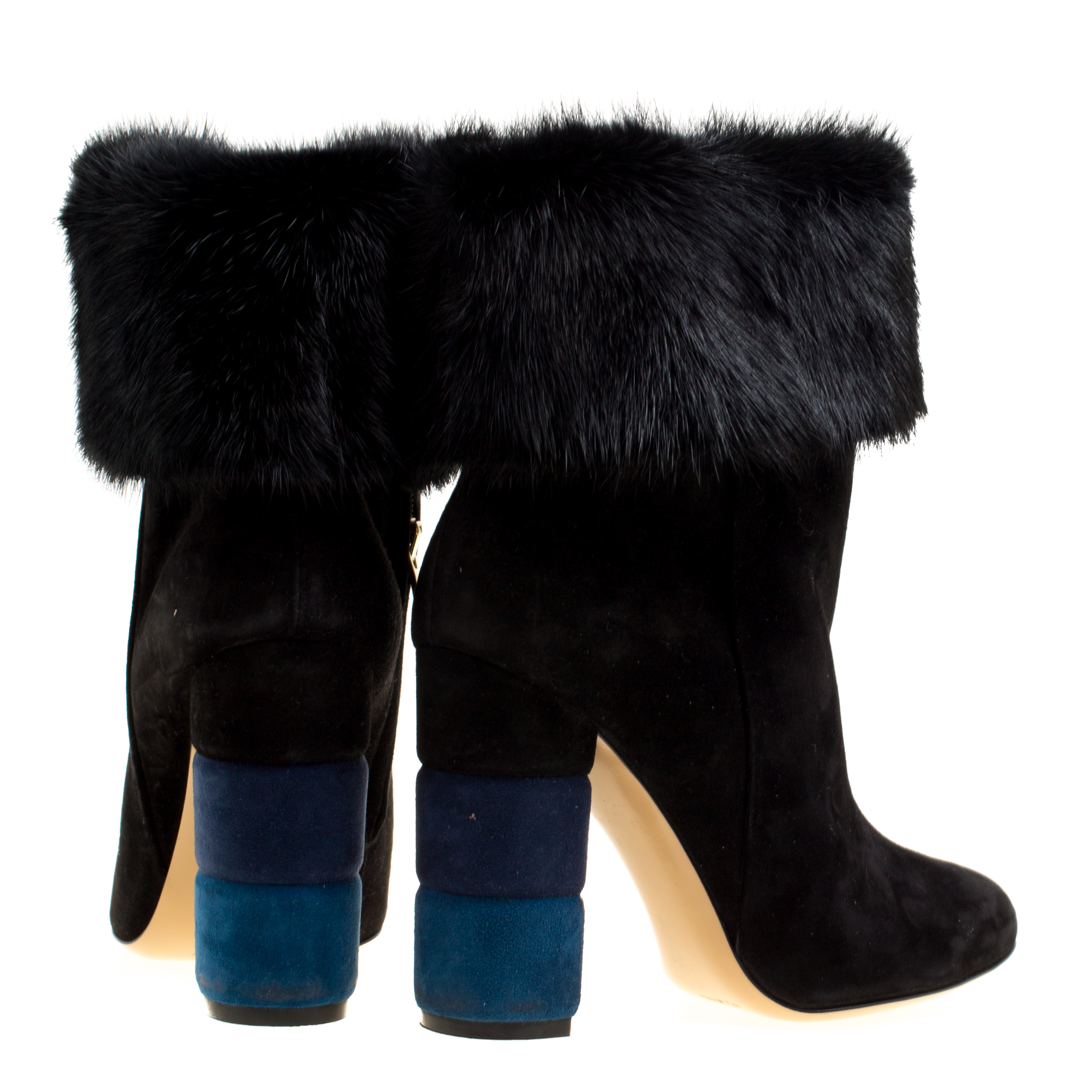 Salvatore Ferragamo Black Suede Color Block Heel Loris Fur Trim Ankle Boots Size 37.5
