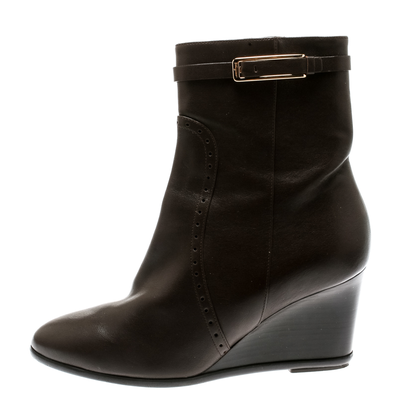

Salvatore Ferragamo Brown Leather Navy Wedge Ankle Boots Size