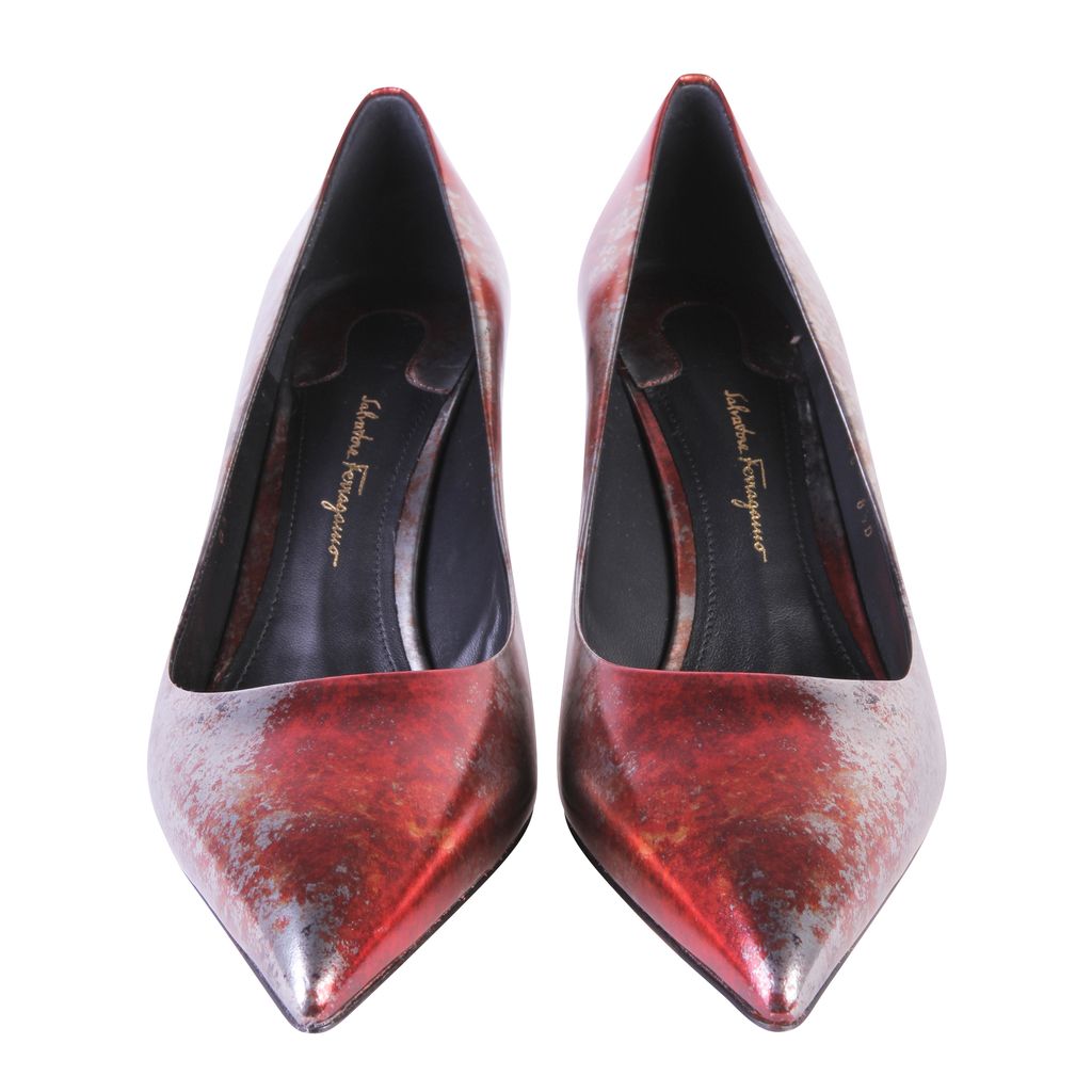 

Salvatore Ferragamo Red/Silver Alba Rust Leather Pointed Toe Pumps Size