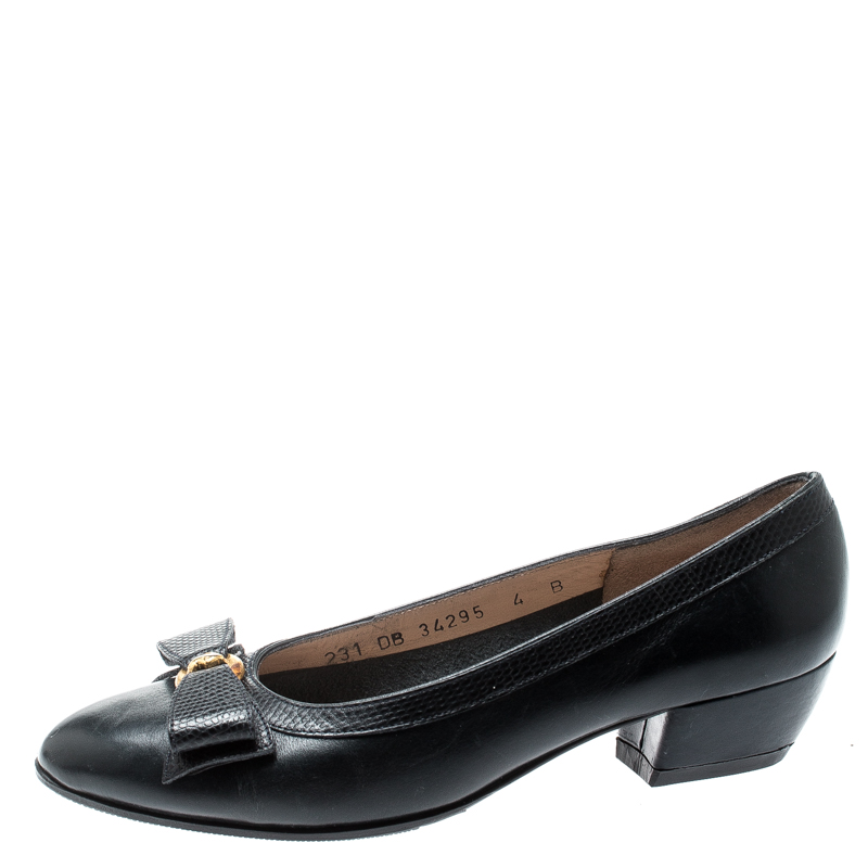 

Salvatore Ferragamo Dark Grey Leather And Lizard Embossed Leather Bow Block Heel Pumps Size