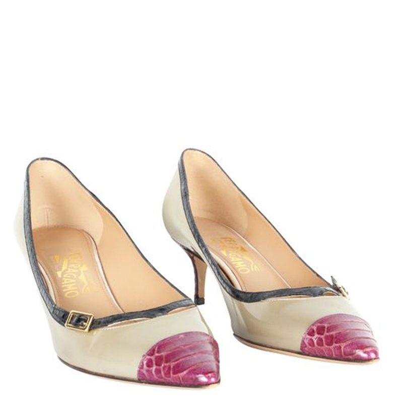 

Salvatore Ferragamo Khaki/Pink Embossed Leather Rabina Pumps Size, Multicolor