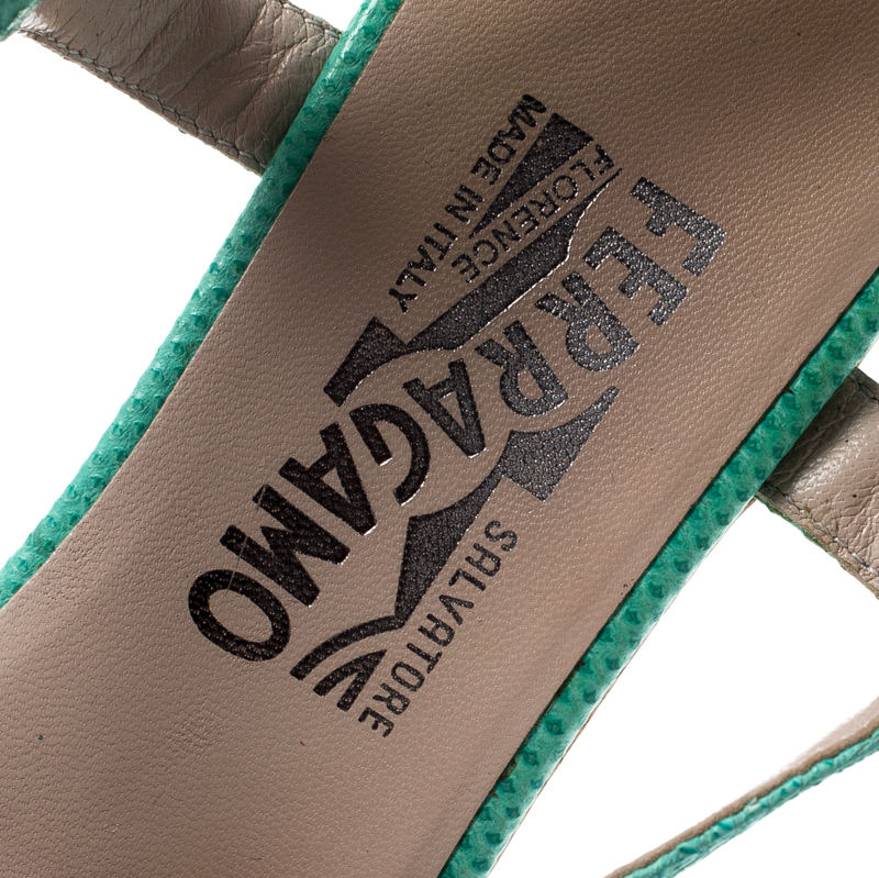 Pre-owned Ferragamo Tricolor Lizard Leather Cross Strap Cork Wedge Sandals Size 41 In Green