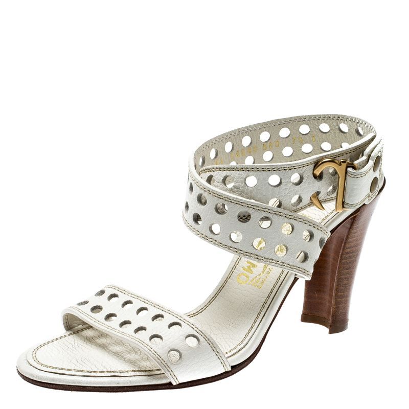 Pre-owned Ferragamo White Perforated Leather Ankle Wrap Sandals Size 38